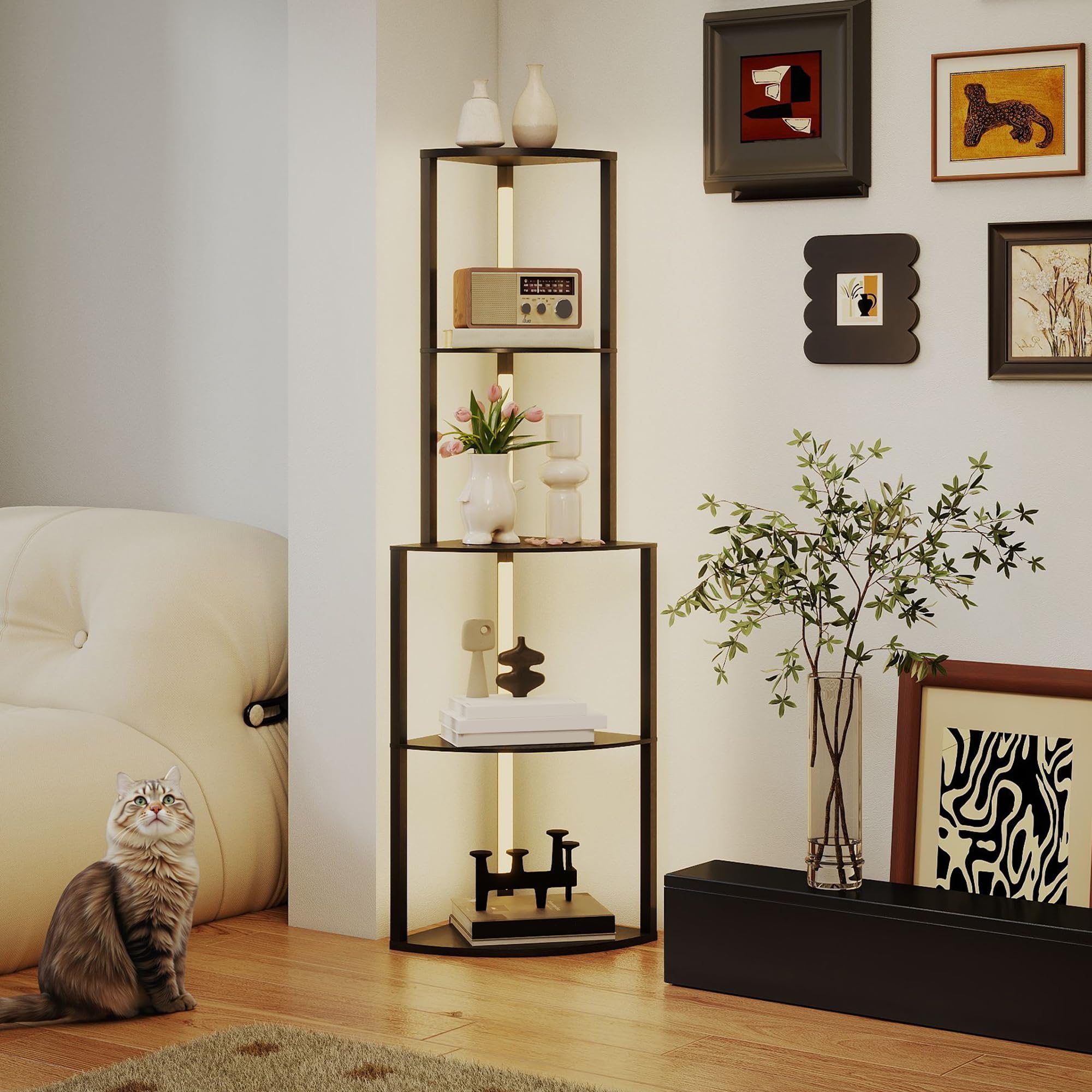 HOMCOM Stehleuchte Wohnzimmer, Stehleuchte mit 4-stufigen Eckregalen, moderne LED-Lampe, regulierbare Helligkeit, Fußschalter, für Wohnzimmer, Schlafzimmer, Büro, schwarz