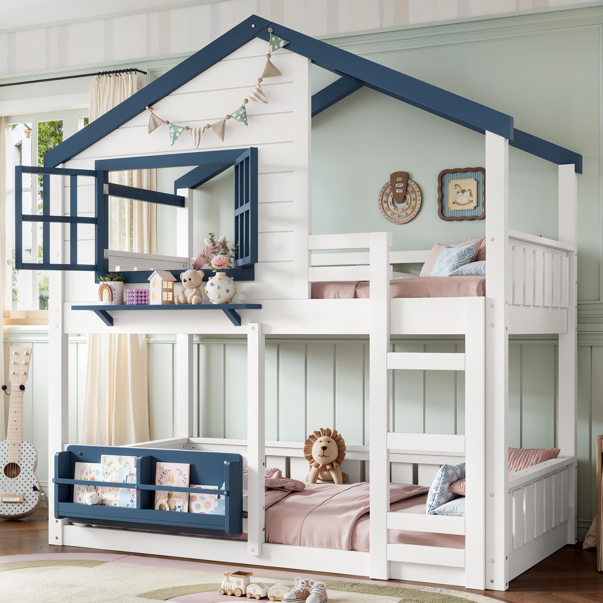 House Bunk Bed with Bookshelf - Twin Loft Bed with Safety Rails, Play Area &amp; Storage - Sturdy Wooden Cabin-Style Bed for Boys &amp; Girls (White+Blue1)