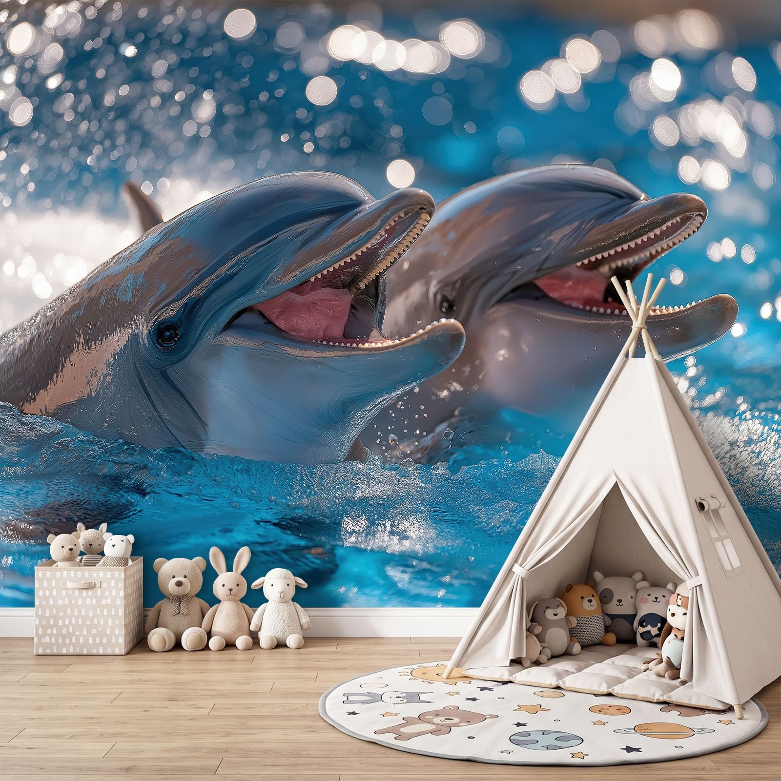 Fototapete Schlafzimmer Wohnzimmer 400x280 cm Meerestier Delfin, Wandtapete Vlies Tapete UV-Beständig Geruchsfrei Vliestapete Panorama Wandbild Wandposter
