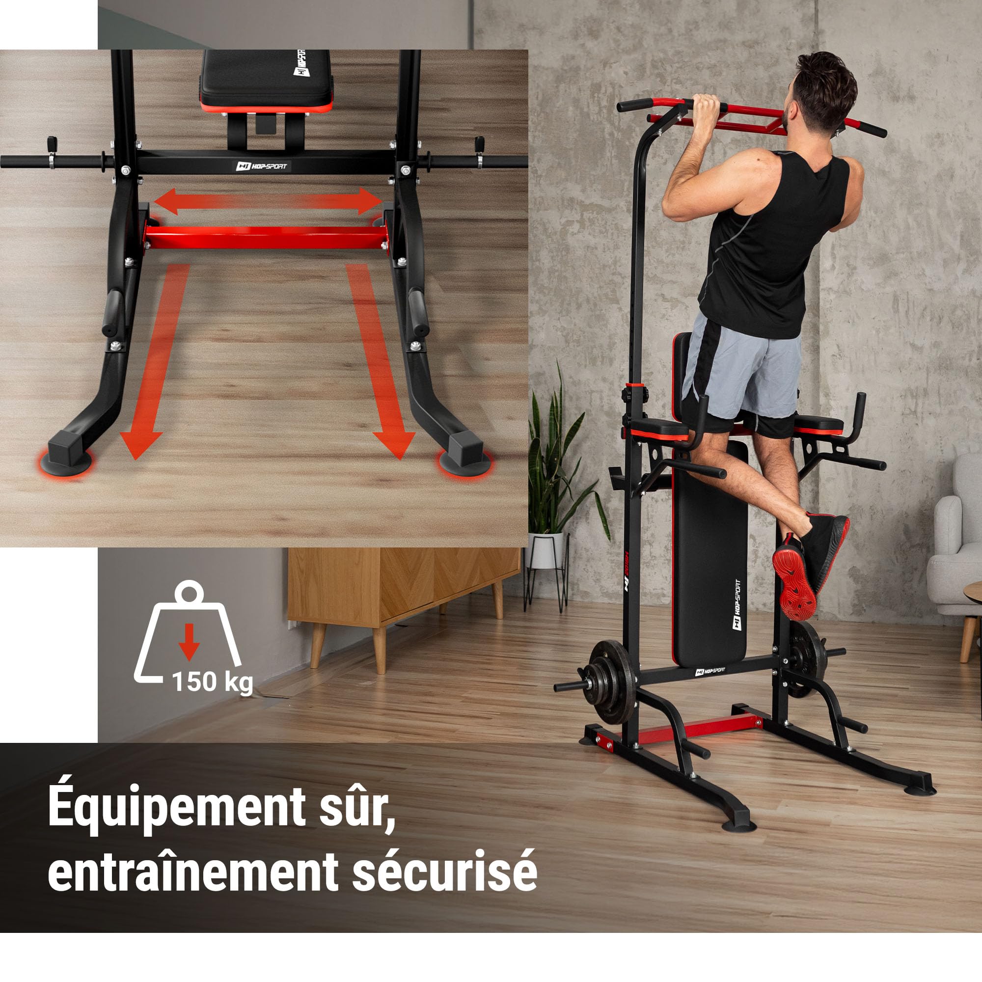 HOP-Sport® Power Tower HS-2015K avec Station de dips et Barre de Traction, Chaise Romaine avec Banc de Musculation Pliable et Support pour haltères, Station de Musculation avec Charge Max. 150 kg