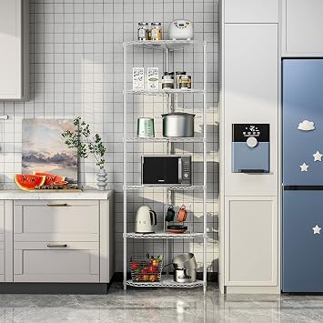 6-Tier Corner Wire Shelf - NSF Metal Corner Shelf with Leveling Feet, Pentagonal Heavy Duty Corner Shelf with Adjustable Height Design, Storage Shelf Rack for Kitchen, Bathroom, Garage White