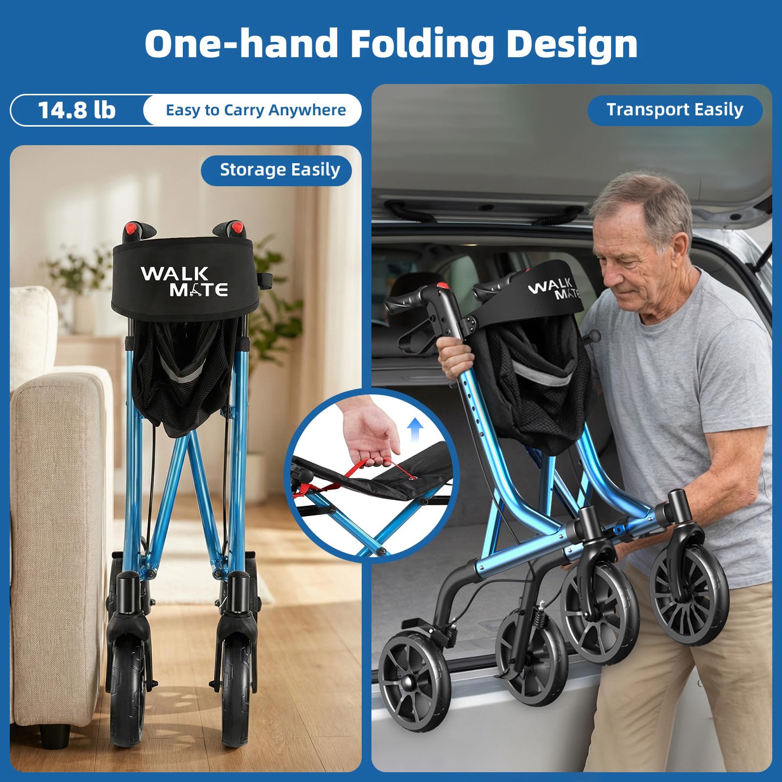 Walk Mate Rollator Pieghevole e Leggero con Seduta - Compatto per la Casa, Regolazione Ergonomica dell'Altezza 150-190 cm, Ruote Fuoristrada, Peso Ultraleggero di Soli 6,7 kg