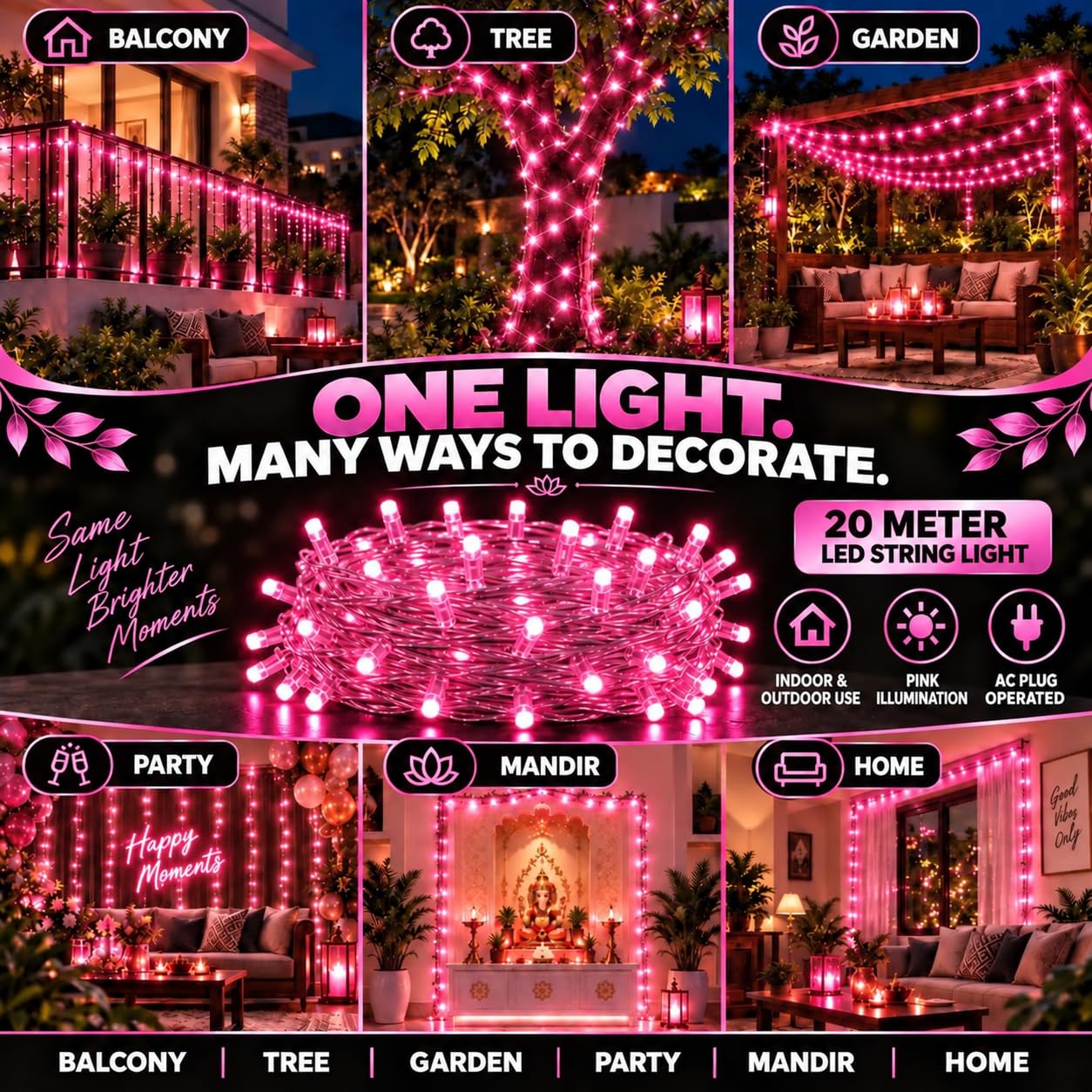 Pink LED String Lights - 20M Glow for Home & Events -8