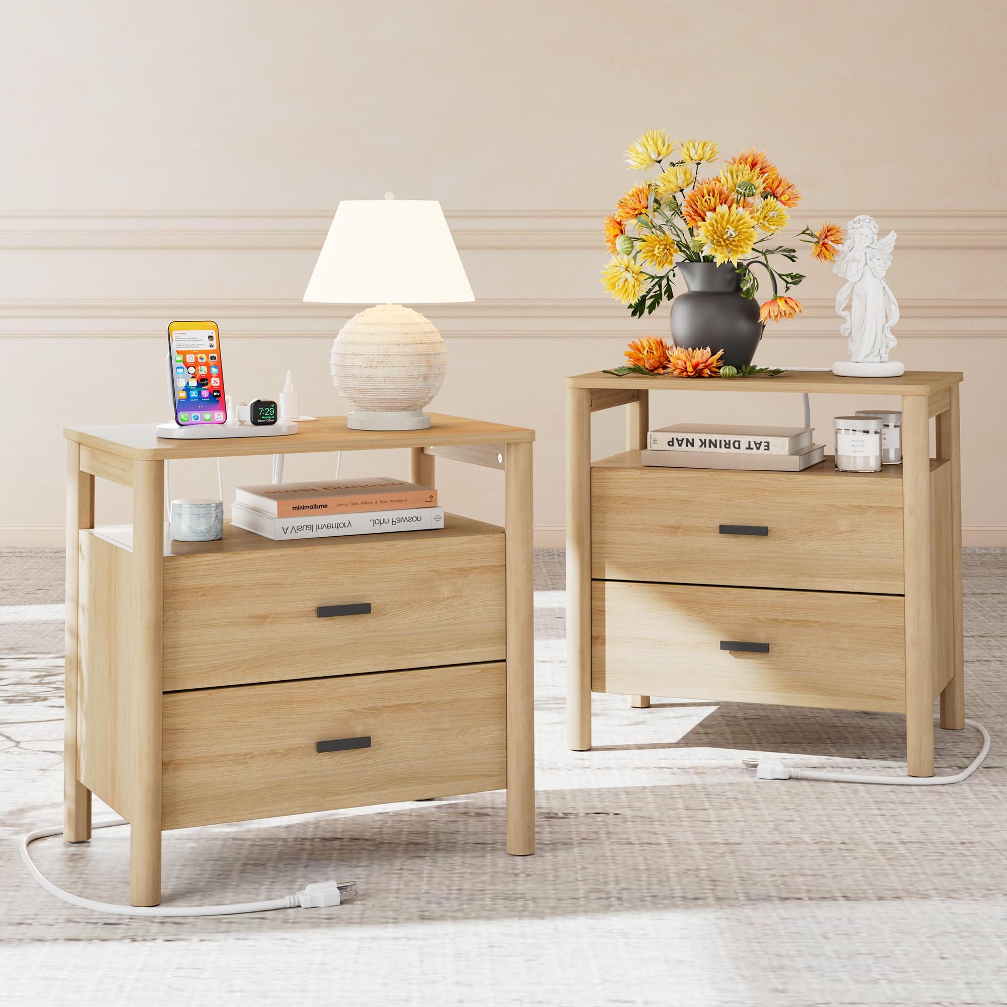 FavourLife Night Stand Set 2, 23" Wide Nightstands Set of 2, Large Nightstand with Charging Station, 2 Drawer Wooden End Table with Solid Round Post