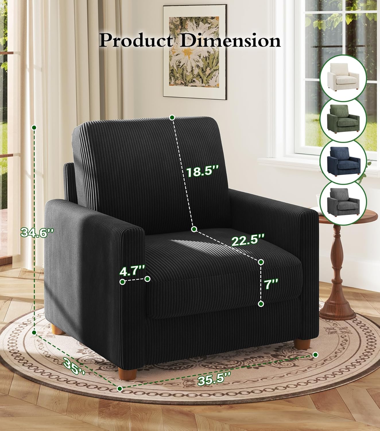 Kidirect 35.5in Corduroy Couch Accent Chair, Tool-Free Setup Living Room Sofa Accent Chairs, Reading Chair for Bedroom 22.5in Extra Deep Seats, Comfy Arm Chairs for Office, All-Wood Reading Nook Black