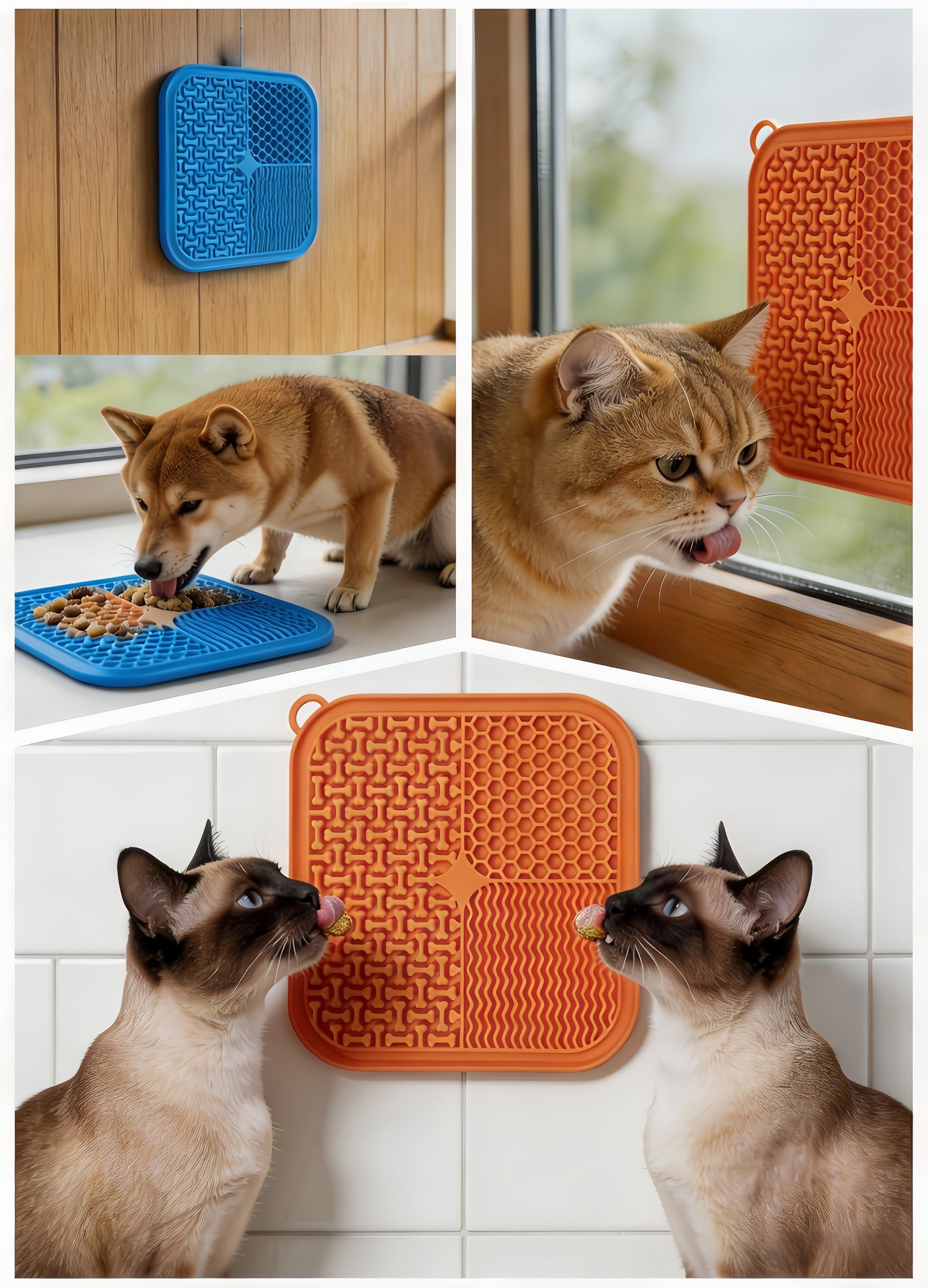 Confezione da 2 tappetini per cani e gatti, in morbido silicone, forte ventosa, divisori multifunzionali per alleviare l'ansia (arancione e blu)