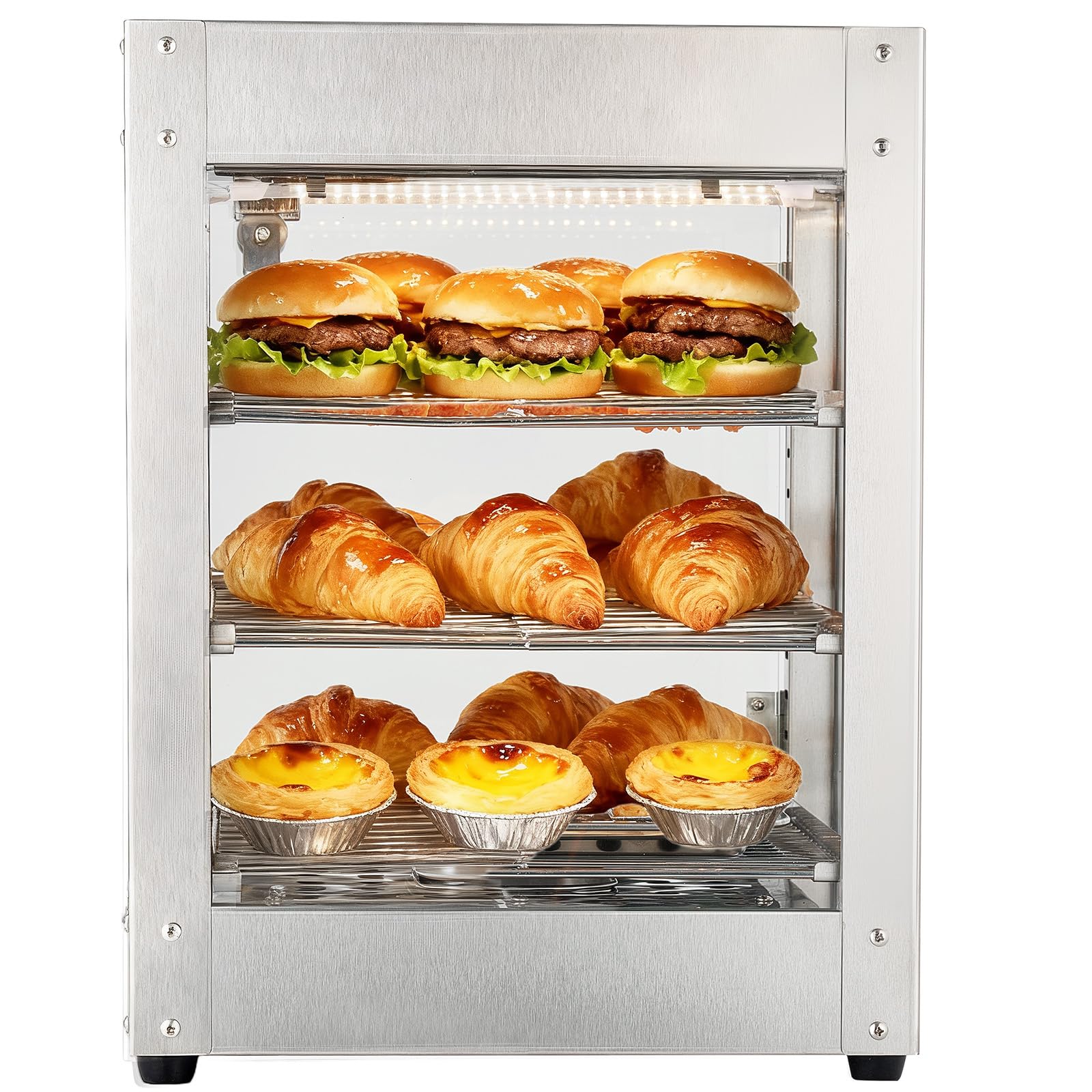 VEVOR Scaldavivande commerciale a 3 livelli, 800 W, con luce LED, ripiano regolabile e telaio in acciaio inossidabile, riscaldamento ad aria da 30 °C a 185 °C, 34 litri per hamburger, pizza, pane
