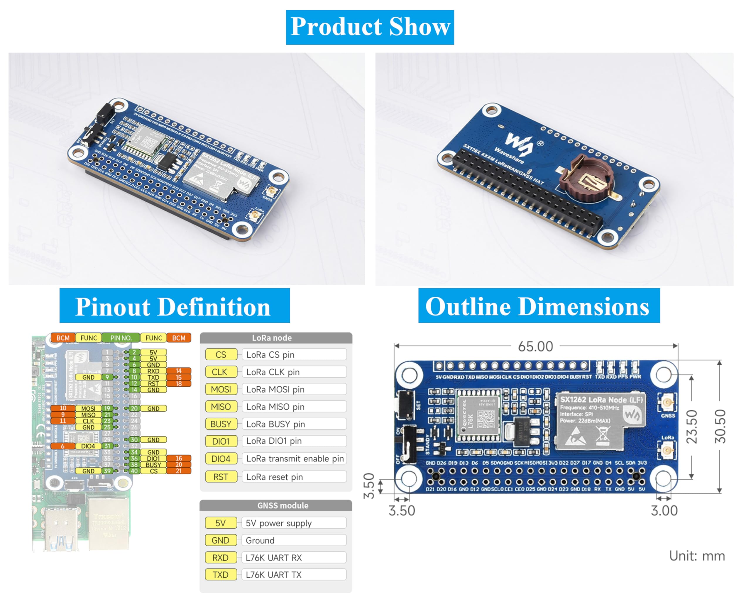SX1262 LoRaWAN/GNSS HAT SX1262 RF Chip LoRa Module Extension Board pour Raspberry Pi 5/4B/3B+/Pi3B/Pi Zero W WH/Zero 2W, avec antenne CB magnétique, convient pour réseau à bande sub-GHz, avec antenne