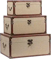 Caixas de armazenamento decorativas vintage de linho e madeira, baús de madeira com alças e fecho de metal, conjunto de 3 baús de lembrança de madeira rústica para organização de decoração