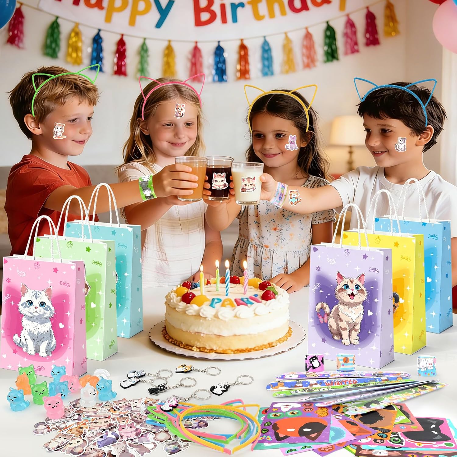 122PCS Cat Party Favors for Girls, Cat Themed Birthday Party Supplies With Goodie Bags Headband DIY Face Stickers Slap Bracelets Resin Cats, Cat Party Favors Easter Gifts Classroom Rewards for Kids