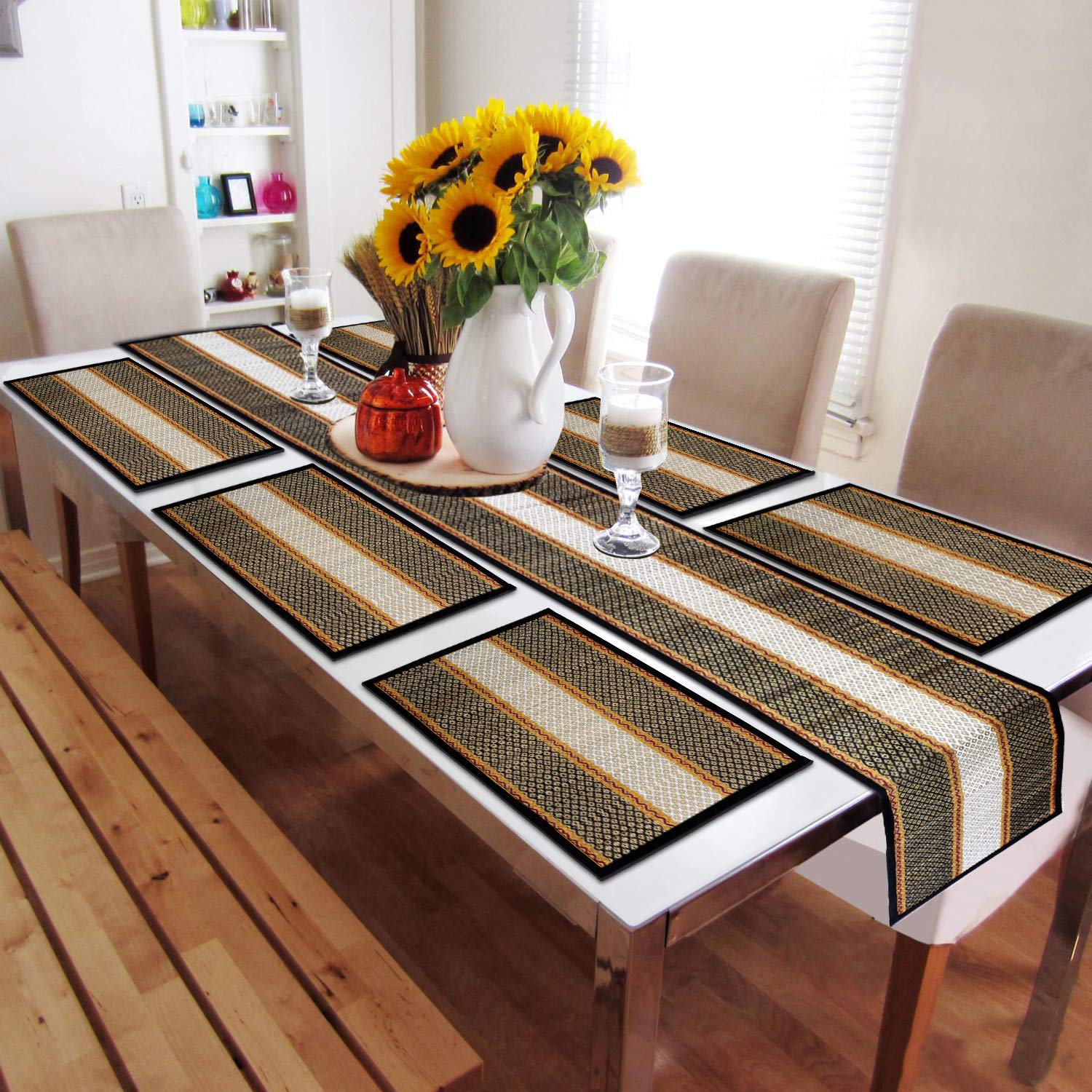 HOKIPO ® Natural Handcrafted Madurkathi Dining Table Runner 6 Seater with Mats (Black)-image-13