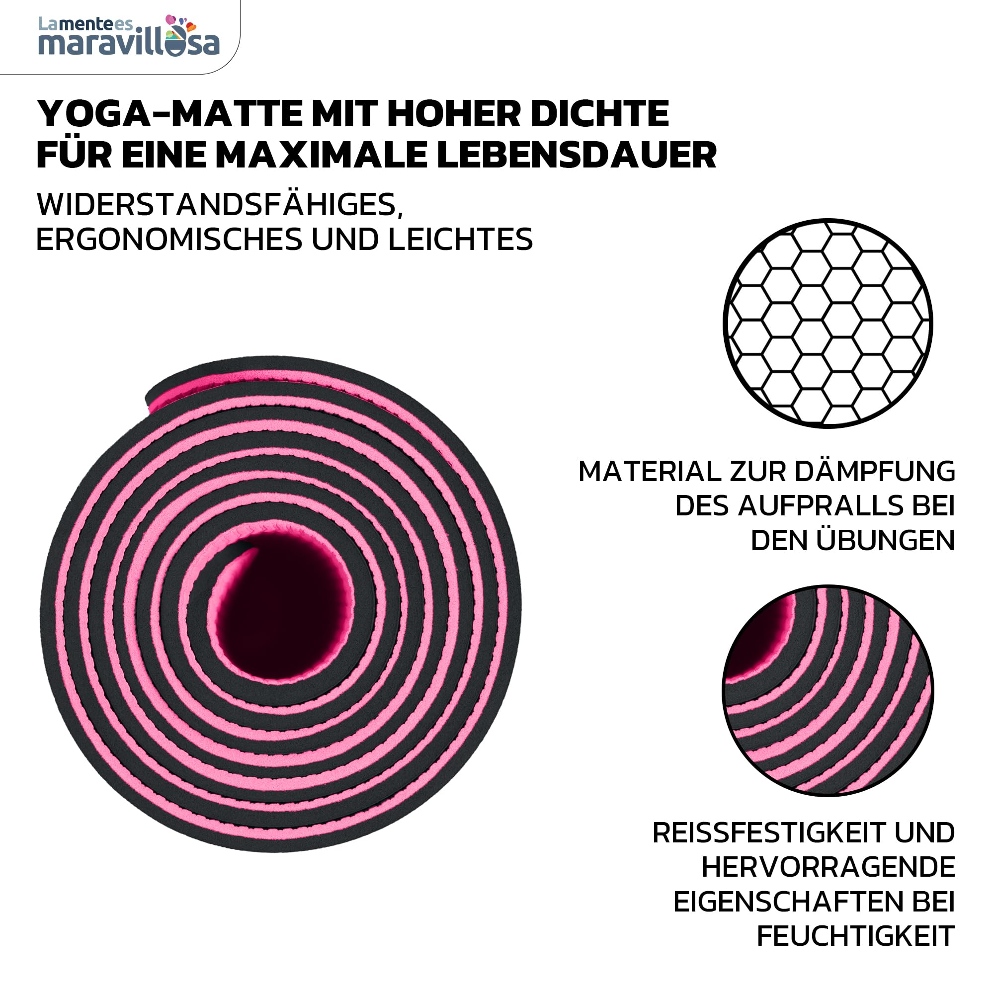 LA MENTE ES MARAVILLOSA - Gymnastikmatte Rutschfest【TPE | 183x61cm】Inkl Tragegurt + Tasche + Übungs-E-Book, Gelenkschonende Yogamatte für Fitness, Pilates | Indoor/Outdoor Geeignet