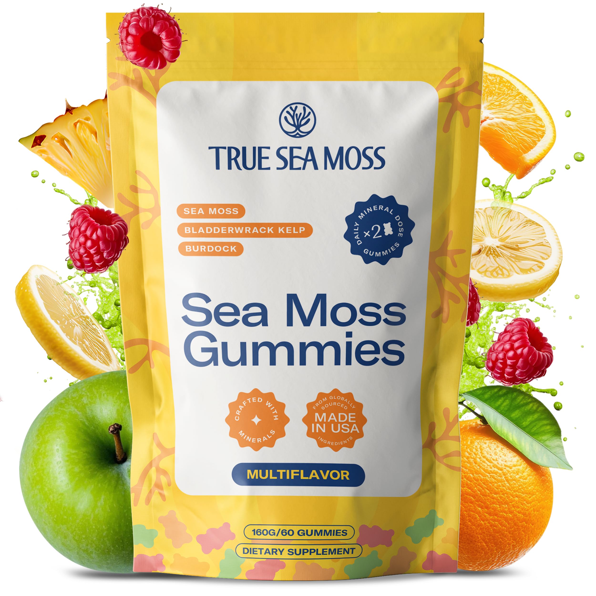 TrueSeaMoss Sea Moss Gummies with Bladderwrack & Burdock Root – Vegan Formula for Adults & Kids – Fruity Flavor – 60 Gummies (Pouch May Vary)