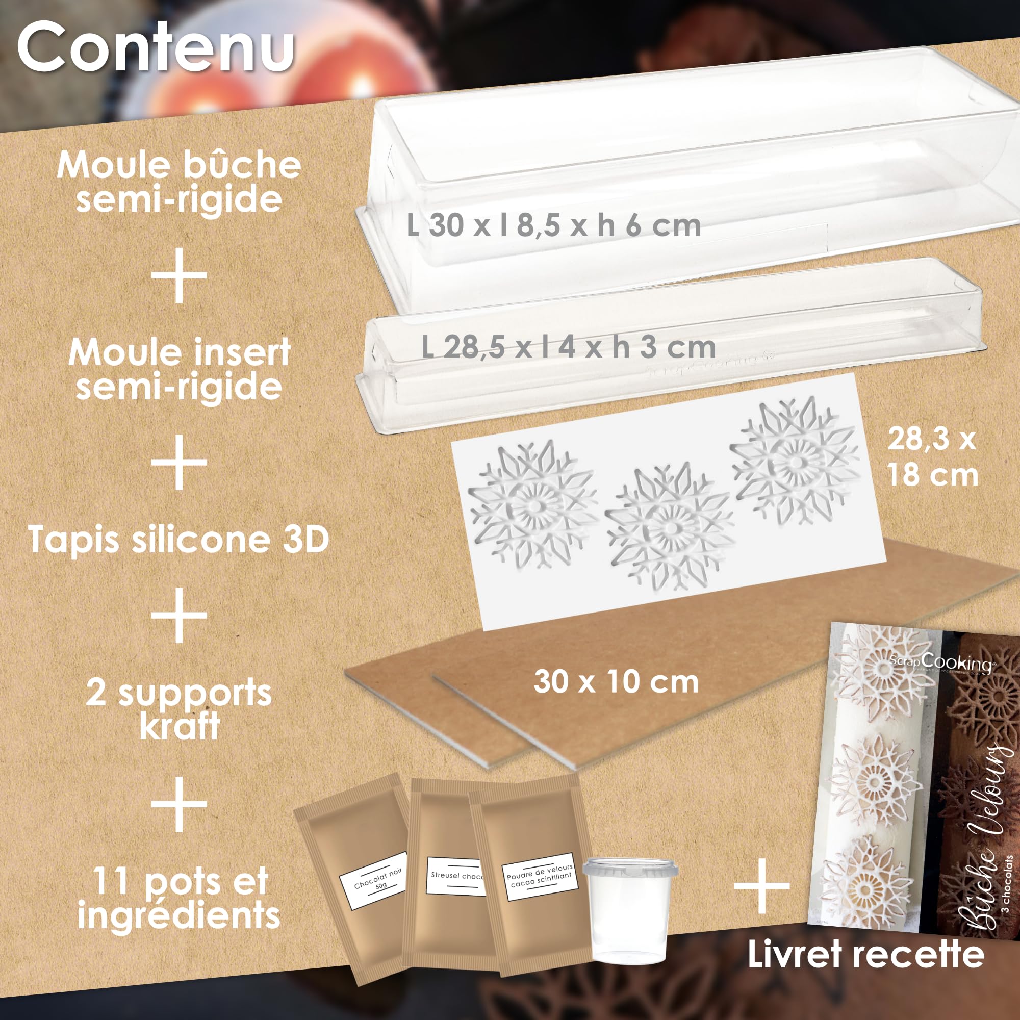 ScrapCooking - Coffret Bûche de Noël « Velours » - Kit Moules & Ingrédients - Insert Bûche & Moule Tuiles Flocons - Gouttière Pâtisserie - Dessert Réveillon - Avec Recette Bûche 3 Chocolats - 1942