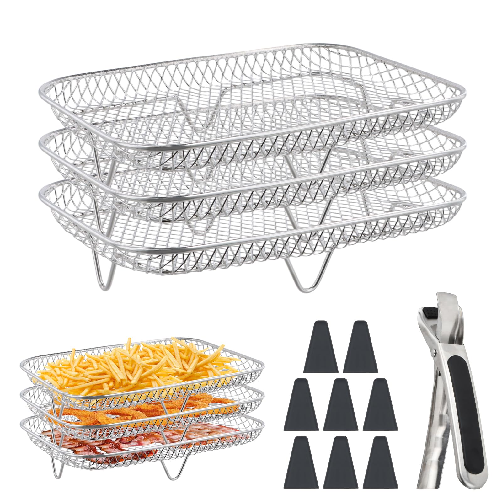 Accessori per Friggitrice ad Aria, Griglia 3 Strati Impilabile in Acciaio Inossidabile Compatibile con Ninja AF300EU/AF400EU/Cookwise, Ideale per Patatine, Carne, Verdure