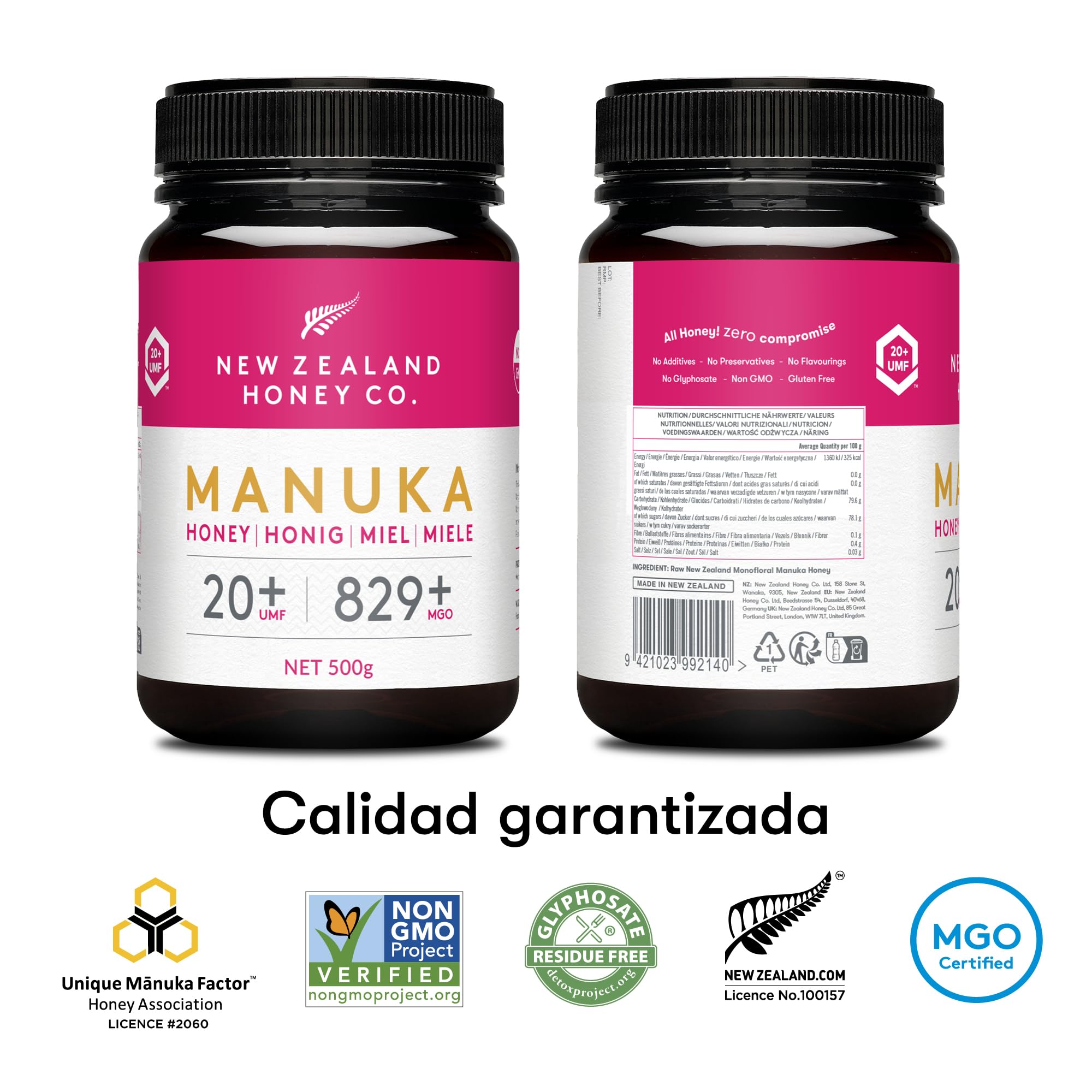 New Zealand Honey Co. Miel de Manuka MGO 829+ / UMF 20+ - 500g Tamaño Familiar - Origen Nueva Zelanda con Enzimas y Pólenes Naturales - Miel Monofloral Certificada UMF