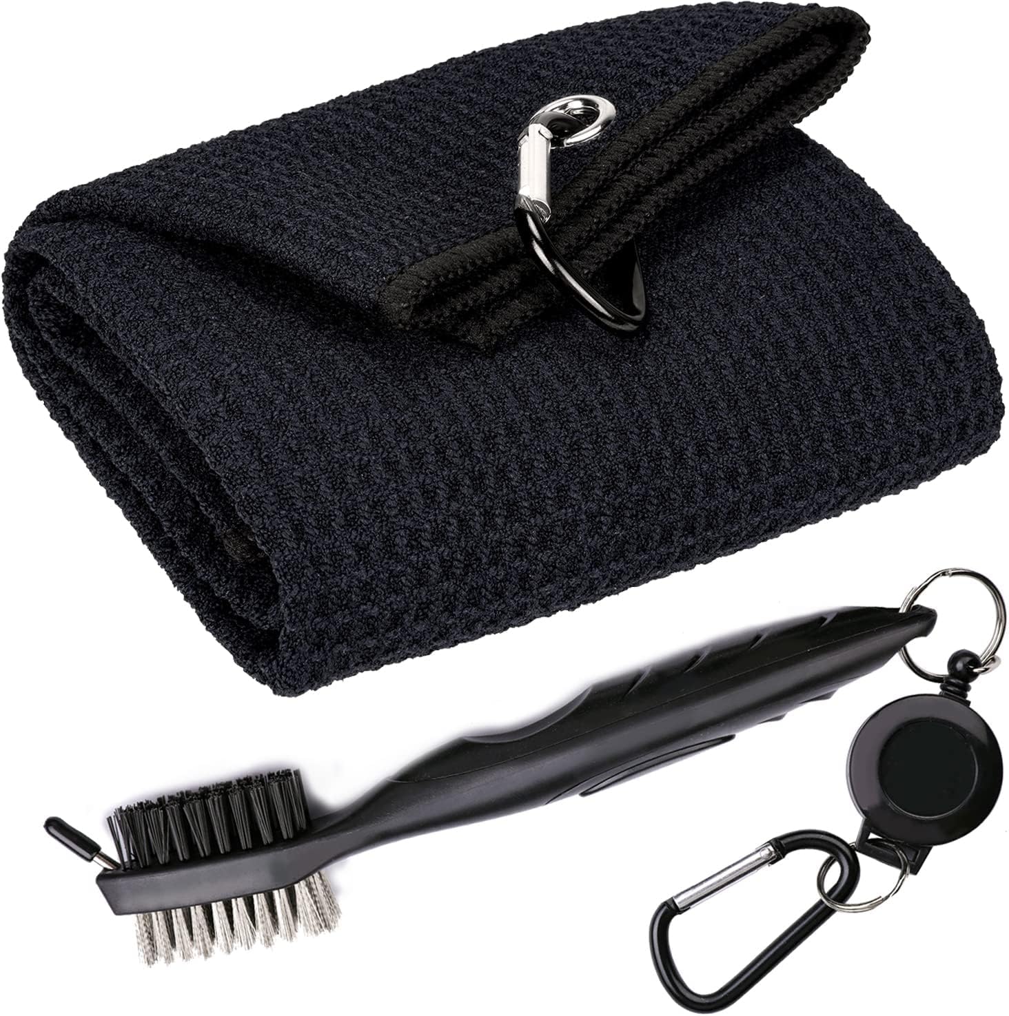 KASTWAVE Golf Towel and Brush Kit, Golf Towel with Carabiner, Golf Club Brush Groove Cleaner for Golf Accessories (Black)