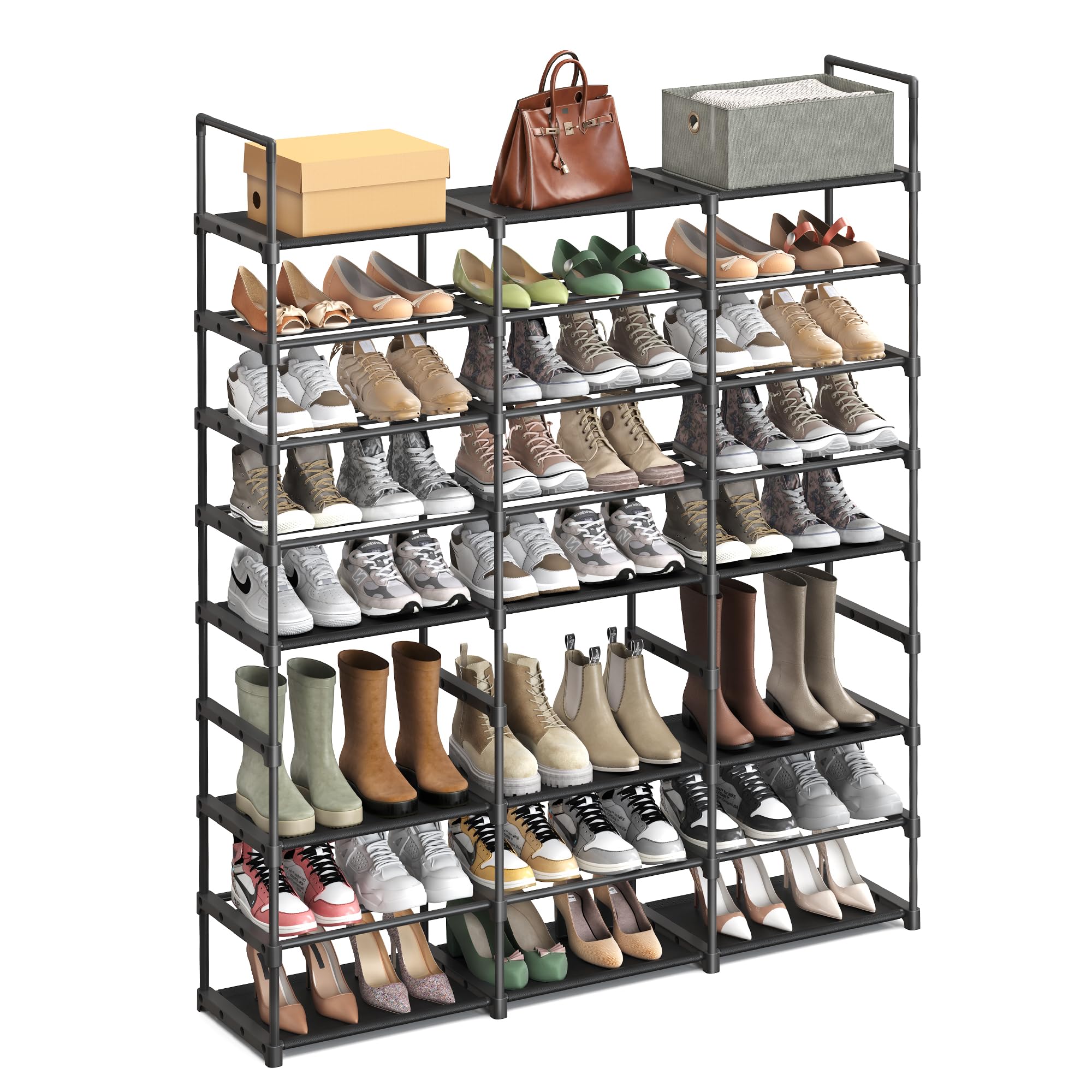 SONGMICS Adjustable Shoe Rack, 8-Tier Shoe Organiser, Shoe Storage Shelf, Steel Tubes and Non-Woven Fabric, Holds up to 48 Pairs, Space-Saving, for Entryway, Closet, Garage, Ink Black LSA319B01