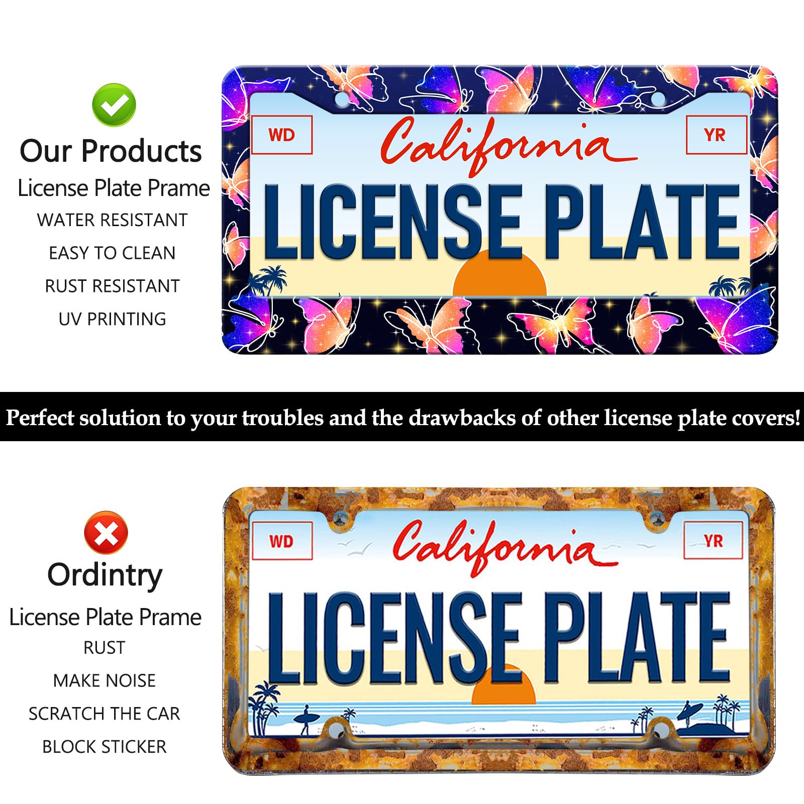 Colorful Butterfly License Plate Frames – 2 Pack, Stainless Steel, Rust-Proof, Fits Standard 12"x6" US Plates, Decorative Car Accessory - View #13