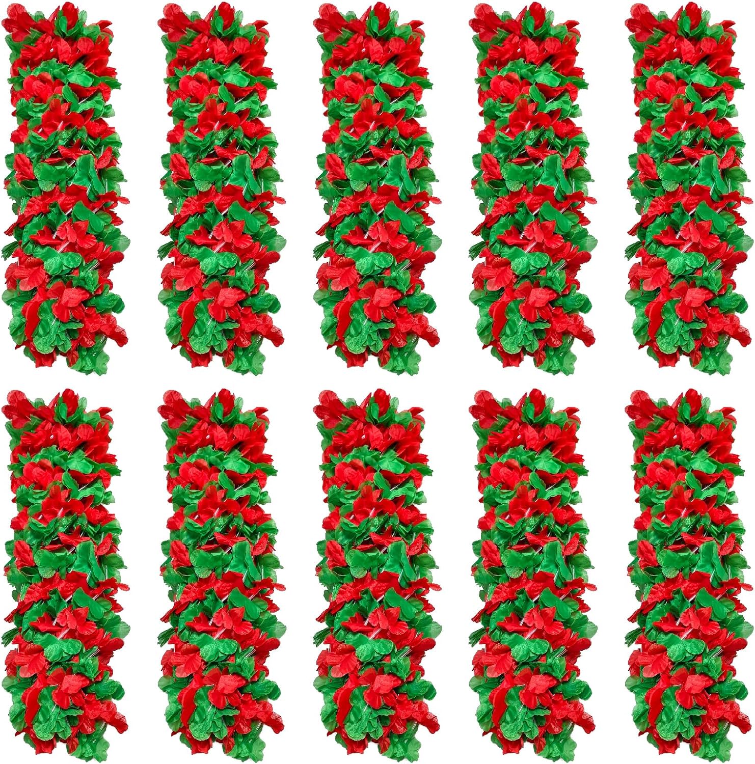 50 Pack Christmas Flower Leis Necklaces, Red Green Silk Hawaiian Leis Bulk For Christmas Party Decoration, Holiday
