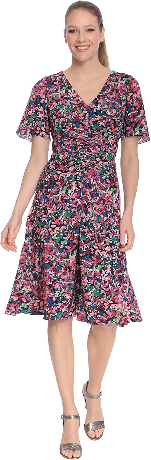 London Times Women's Petite Ruched Waist Dress