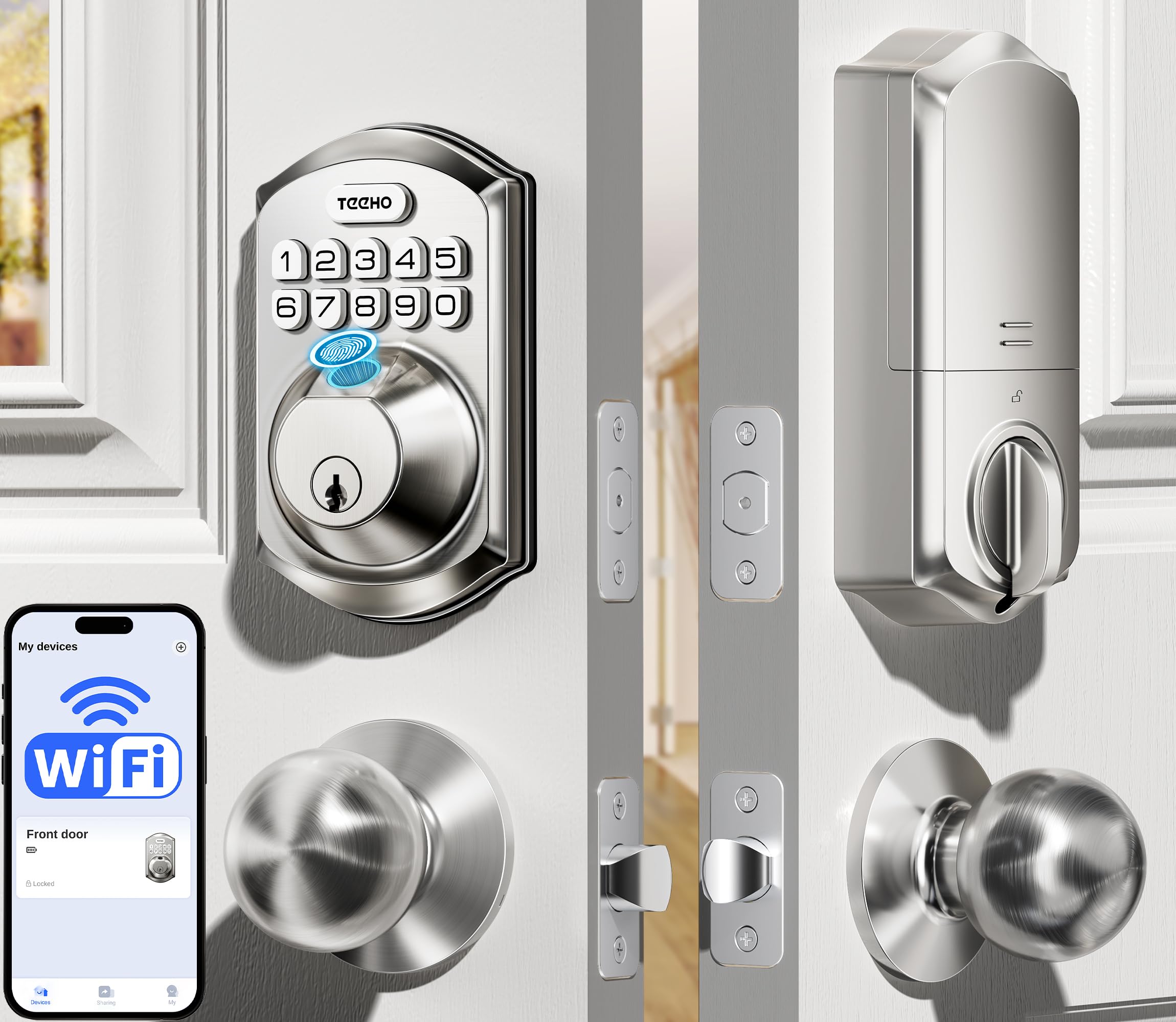 Photo 1 of TEEHO TE012W-K WiFi Smart Door Lock with Knob, Satin Nickel