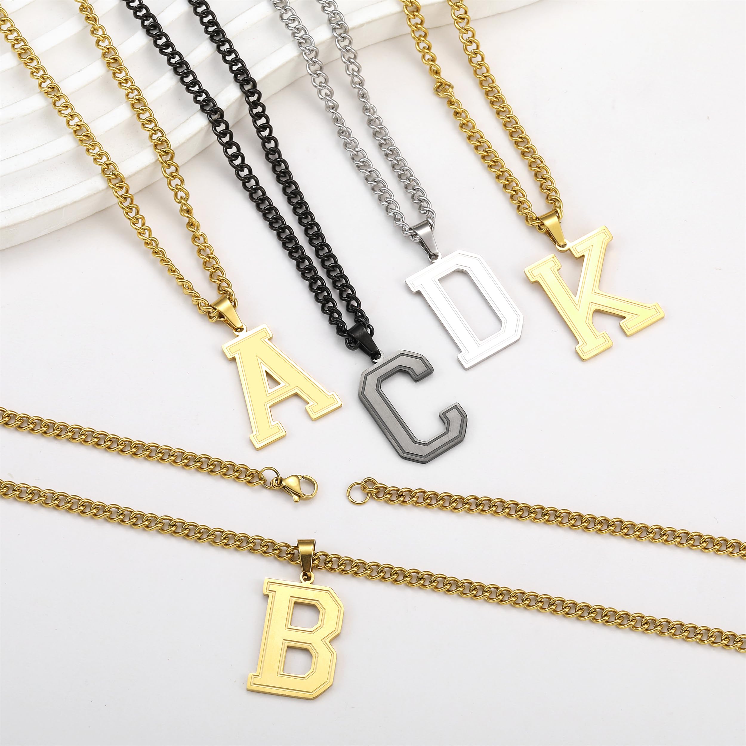 RWQIAN Męski łańcuszek z wiszącymi literami srebrny/złoty/czarny ze stali nierdzewnej z literami A-Z, naszyjnik, 60 cm, Wielkanoc, Dzień Ojca, urodziny, prezenty dla mężczyzn, chłopców