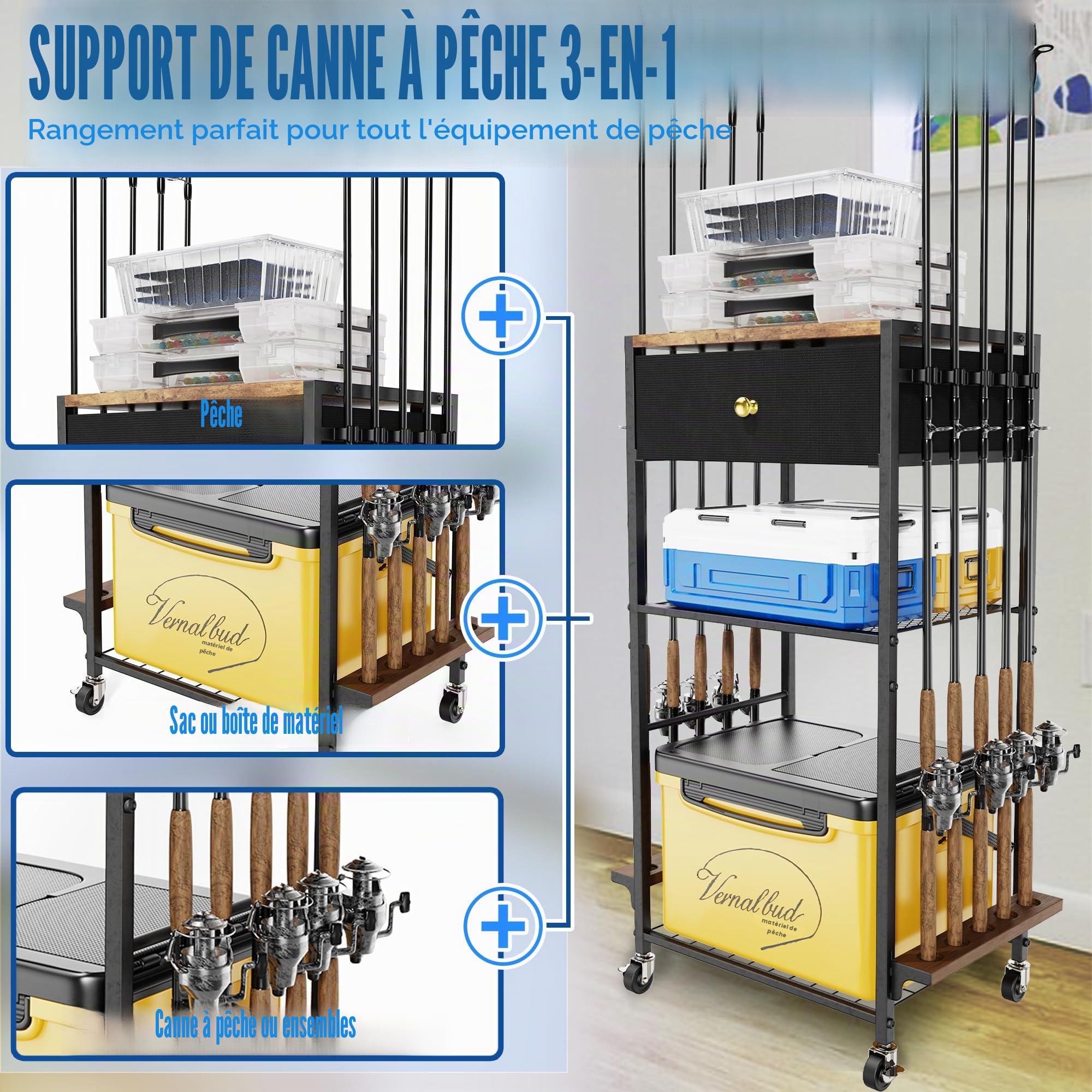 Support de canne à pêche pour garage, rotatif 360°, chariot de rangement pour matériel de pêche, cadeau homme/femme