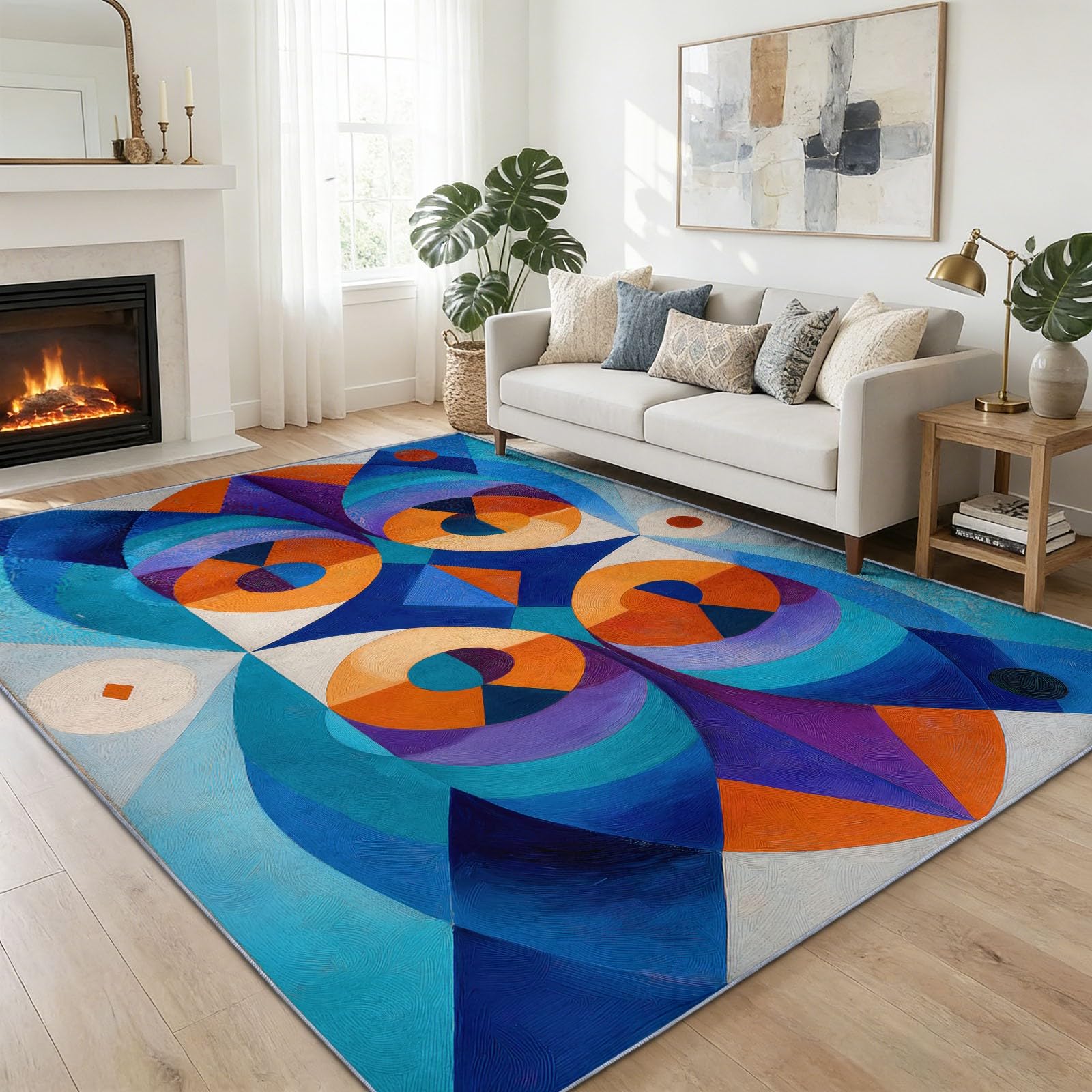 Sztuka abstrakcyjna Nowoczesny dywan z nadrukiem 120 x 170 cm, Vintage Klasyczne geometryczne klocki Kolor Zmywalny dywan do salonu - Biały Praktyczny antypoślizgowy dywan do jadalni przedpokój pokój