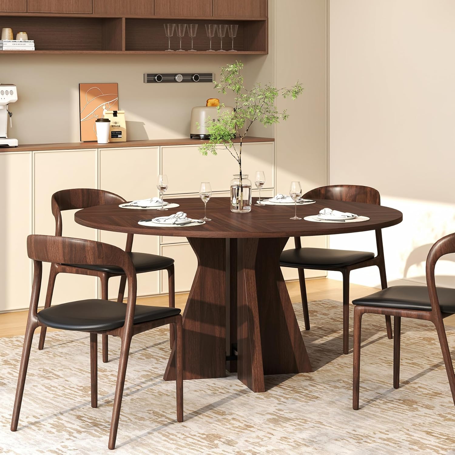 55.25" Round Dining Table for 4-6 People, Modern Farmhouse Wooden Circle Kitchen Dinner Table with Geometric Base for Dining Living Room,Small Space, Apartment, Dark Walnut