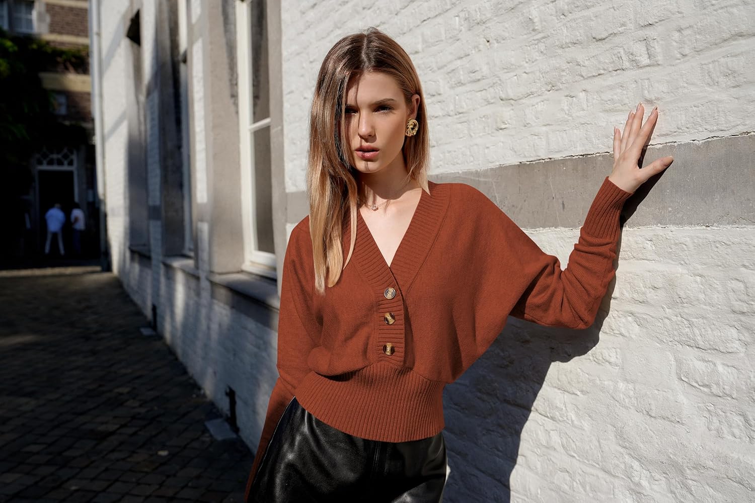 ZAFUL Women V Neck Button Knit Crop Sweaters Batwing Sleeve V Back Ribbed Hem Pullover Sweater - Image 5