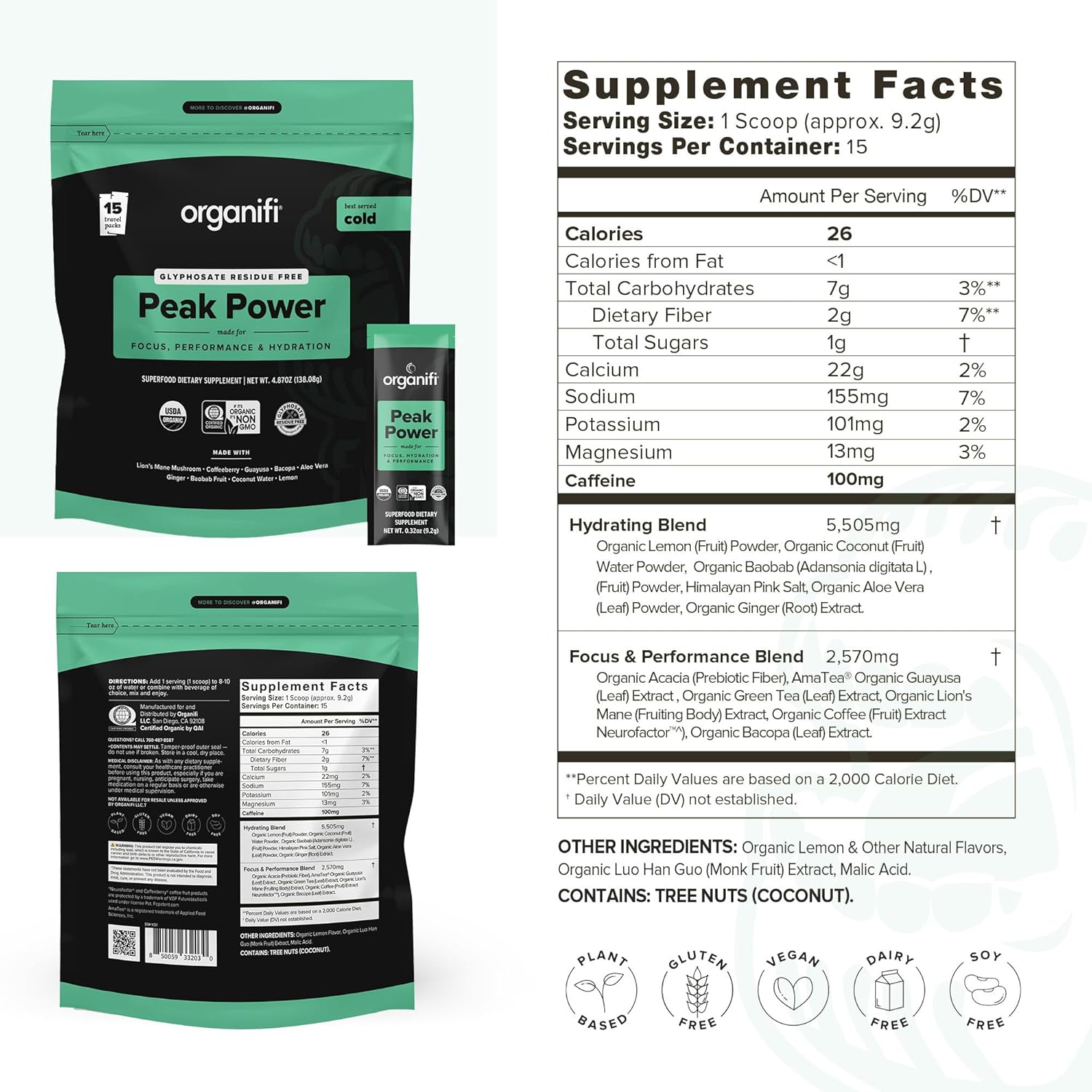 Organifi Peak Power, Pre Workout Powder to Support Hydration, with Lion's Mane and Guayusa