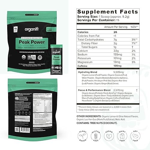 Miniatura 2 de Organifi Peak Power, polvo de preentrenamiento para apoyar la hidratación, con melena de león y guayusa