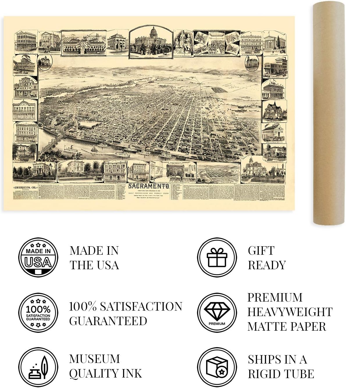 HISTORIX Vintage 1890 Sacramento California Map Poster - 24x36 Inch Vintage Sacramento CA Map - Old Sacramento Wall Art - Historic Sacramento Poster - Bird's Eye View Map of Sacramento CA