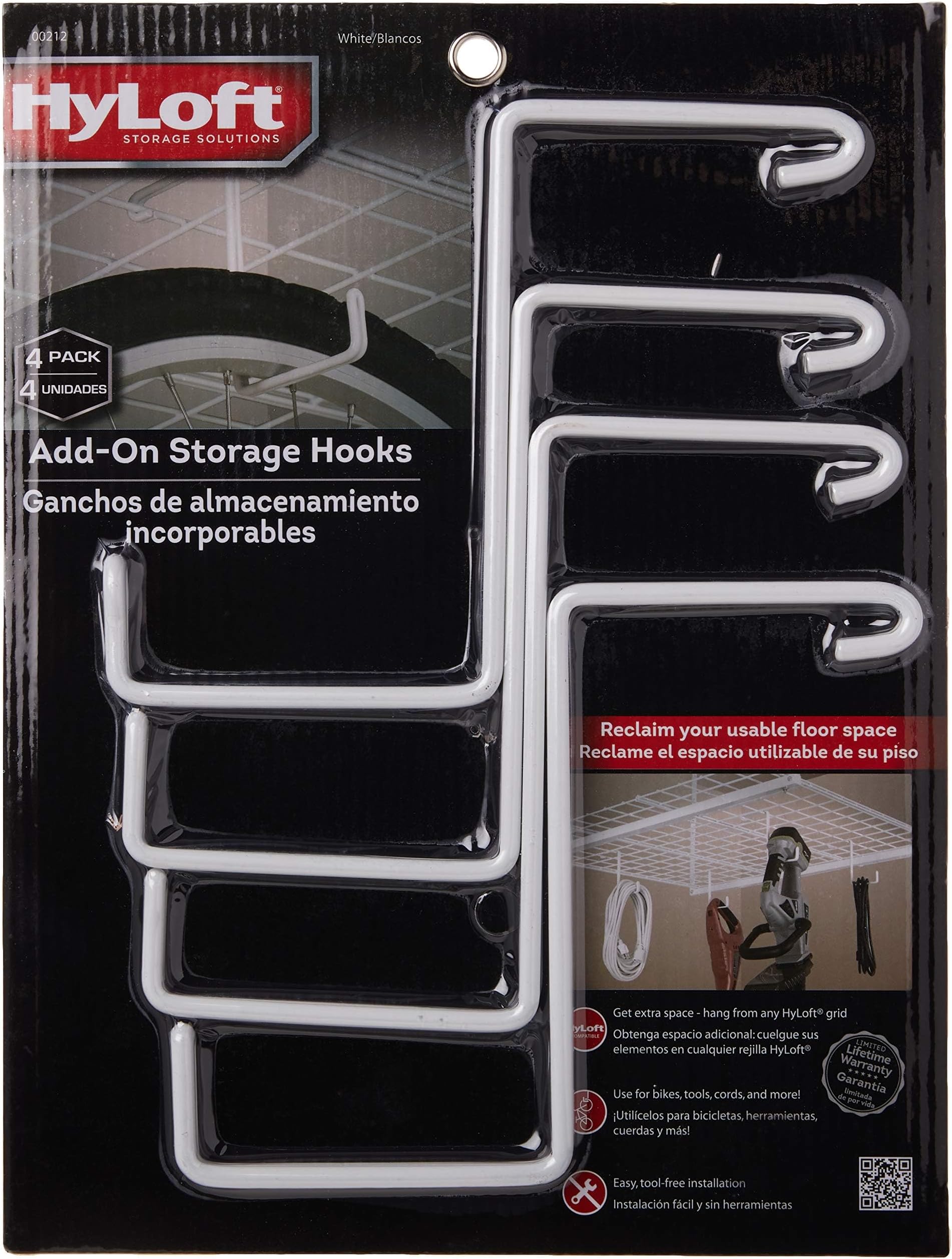 HyLoft Add-On Storage Hook Accessory for HyLoft Model-540 Ceiling Rack, 00212, 4 Count, White