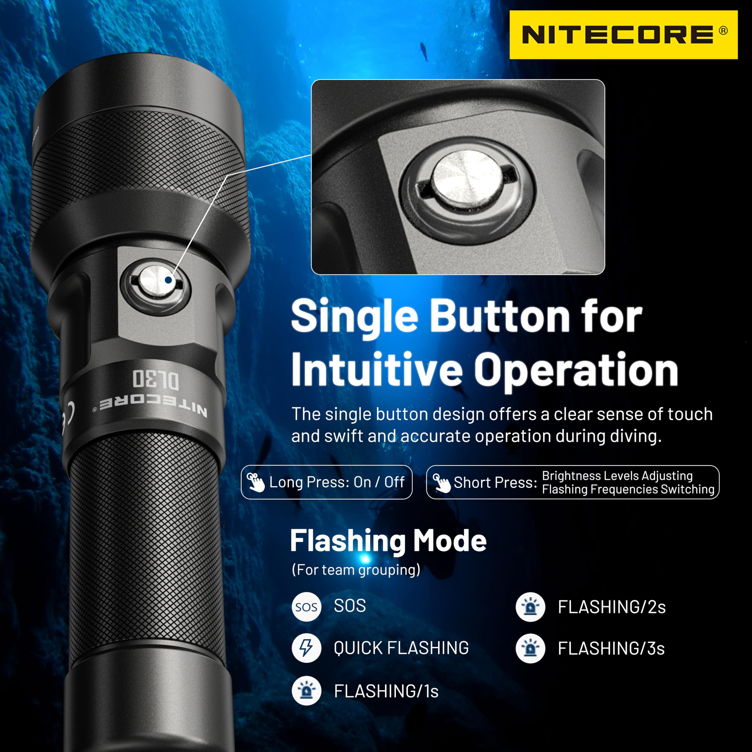 Nitecore DL30 Lampe de plongée submersible 100 mètres 1100 lumens 5300 mAh batterie IP68 étanche lampe de poche sous-marine
