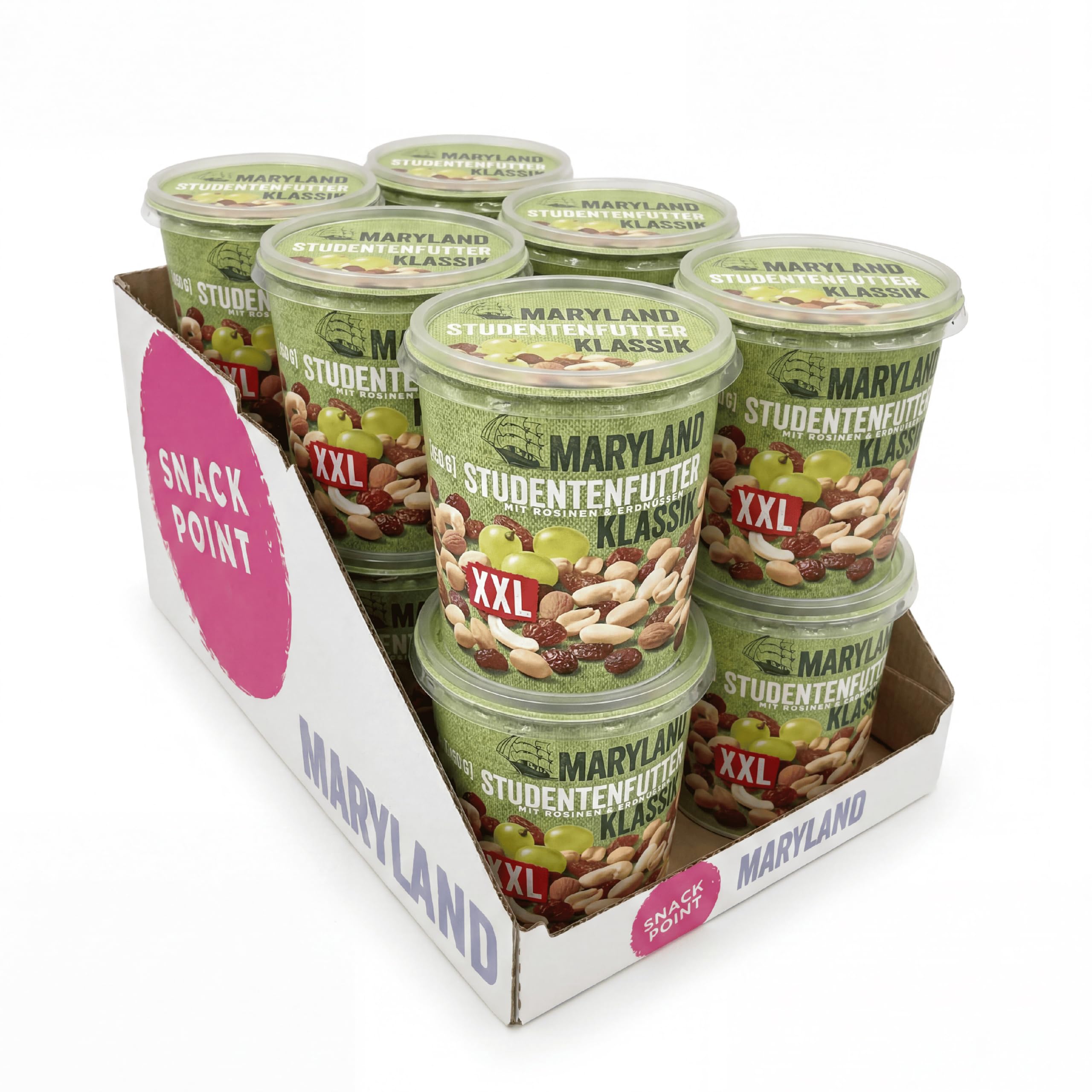 Maryland Studentenfutter Klassik XXL 450g Becher 12er Pack – Rosinen Erdnusskerne Cashewkerne und Mandeln in Nuss-Frucht-Mischung Wiederverschließbarer Becher (12 x 450g)