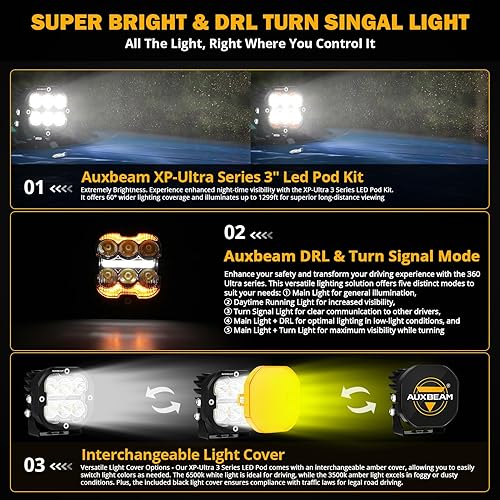 Miniatura 2 de Auxbeam 3 pulgadas 84W LED Pods DRL & Turn Signal X-PRO Series 9600LM Spot Flood Combo Luces de zanja Offroad Foco de conducción ámbar niebla cubo
