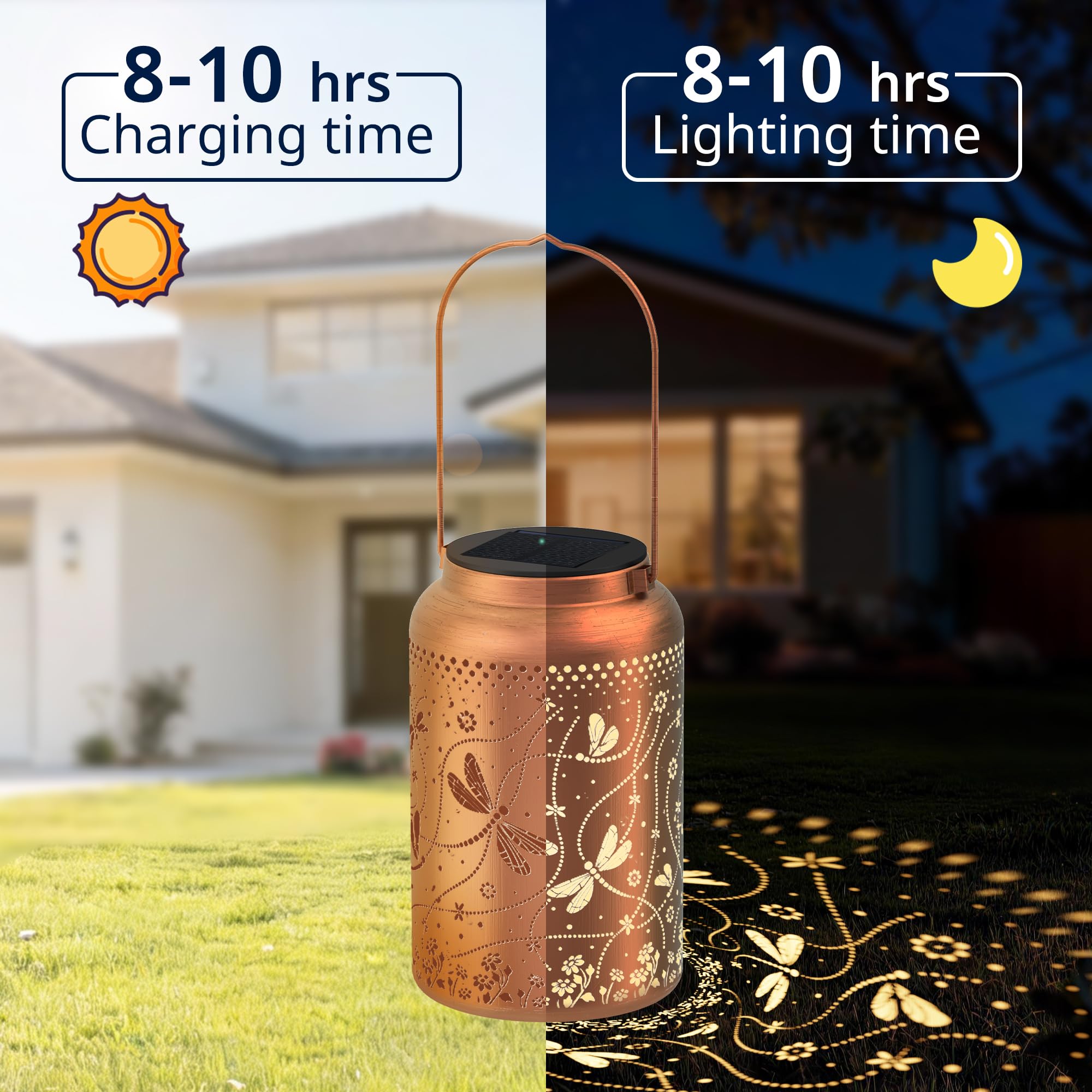 JEJOT Faroles solares impermeables para exteriores, libélula solar, regalo para mujeres, niñas, mamá, abuela, linterna solar colgante de metal de alta resistencia para patio, jardín, porche, paisaje