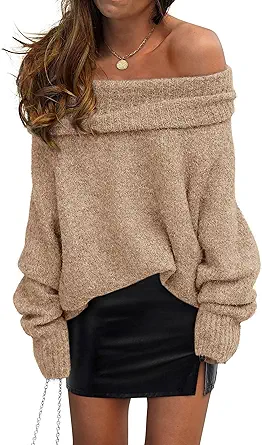 PRETTYGARDEN Women's Off The Shoulder Sweater Long Sleeve Tops 2025 Fall Loose Knit Pullover Sweaters Winter Clothes