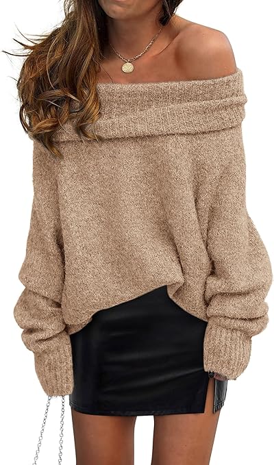PRETTYGARDEN Women's Off The Shoulder Sweater Long Sleeve Tops 2025 Fall Loose Knit Pullover Sweaters Winter Clothes