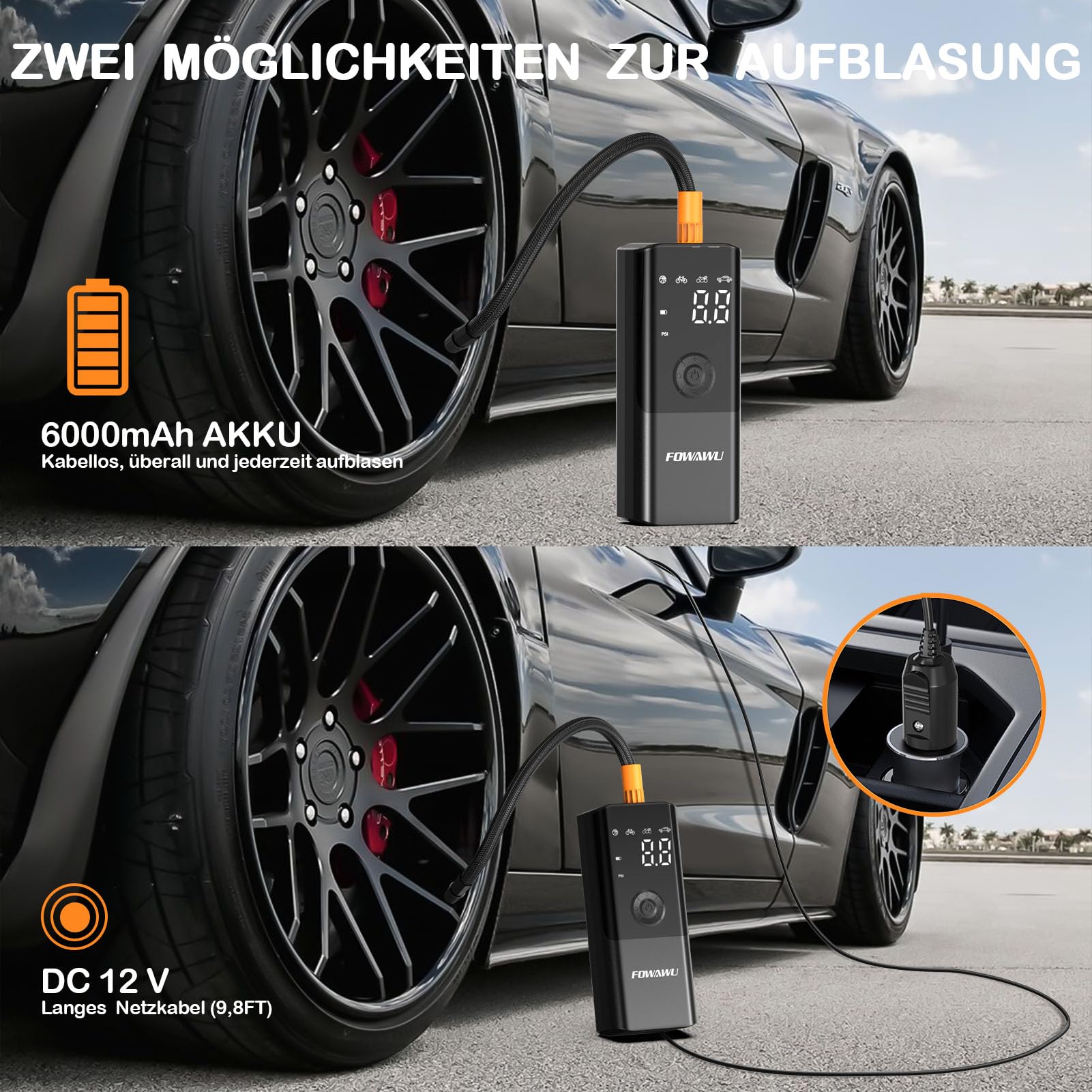 FOWAWU Elektrische Luftpumpe Fahrradpumpe 6000mAh 150PSI Mini Akku Luftpumpe Wiederaufladbarer Akku Kompressor, Großes LED-Display,Memory-Funktion,Autostop Function,Funktion als Powerbank
