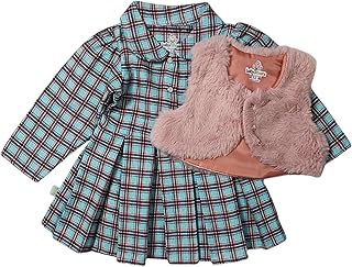 طقم 2 قطعة من فستان باكمام طويلة وجاكيت بدون اكمام مطبوع للبنات من القطن من بيبي شورا، متعدد الالوان، لعمر 6-12 شهر