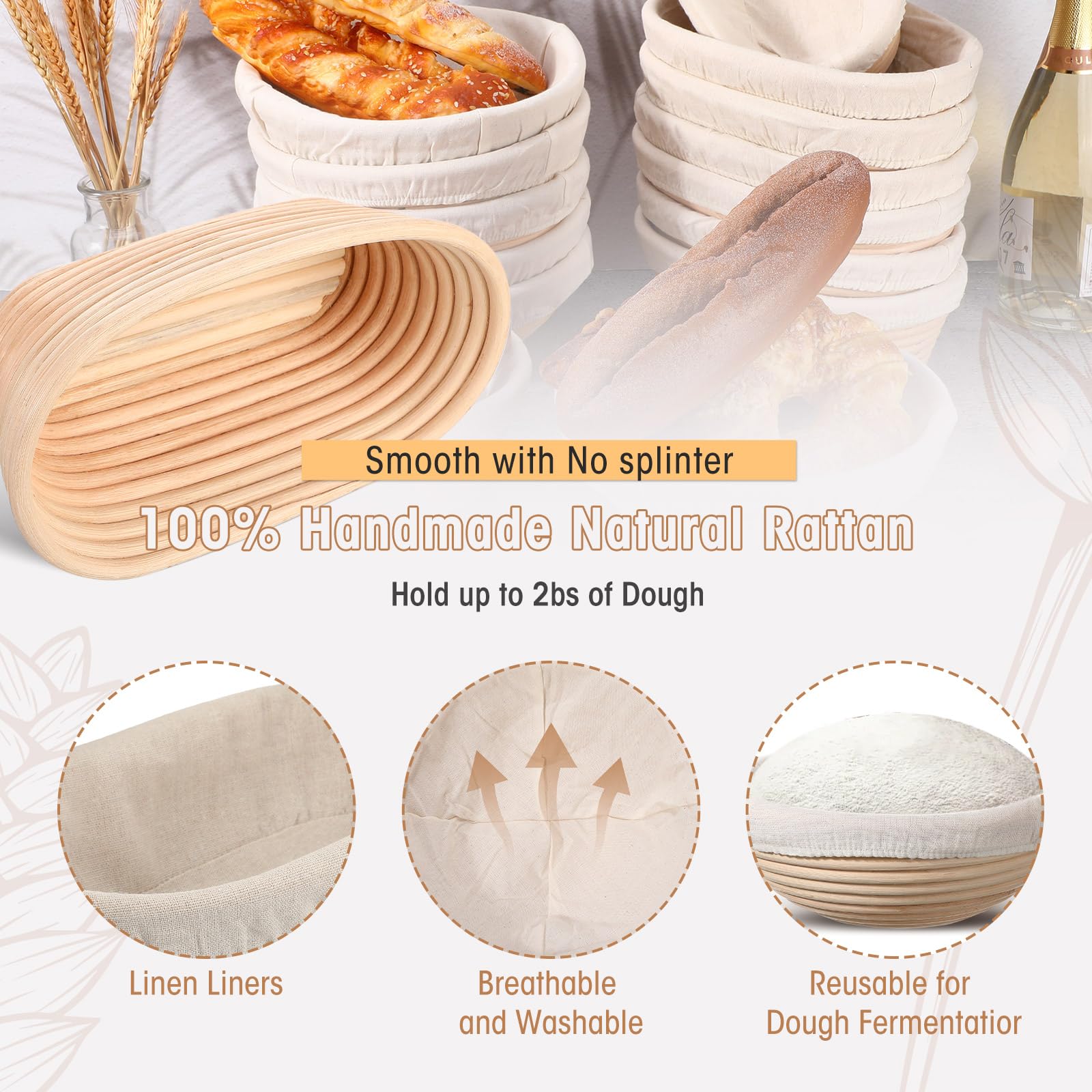 Gejoy Juego de 20 cestas a prueba de pan a granel con forma de Banneton para masa con forro de tela y rascador de plástico, cesta a prueba de masa madre para panaderos caseros (redondas, ovaladas, 9