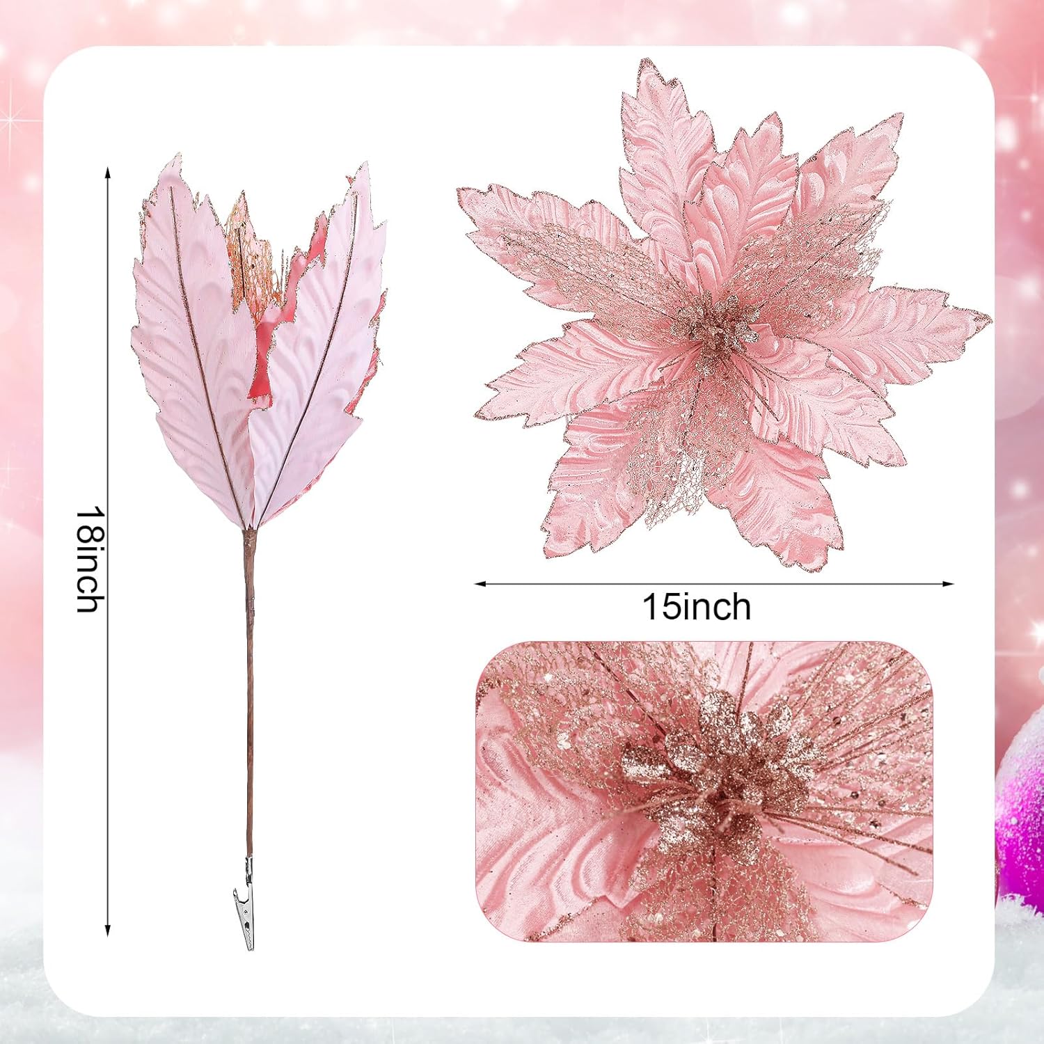 6 Pcs 18 x 15 Inch Large Pink Christmas Poinsettia Flowers Jumbo Rose Gold Xmas Ornament Pink Christmas Tree Decorations Rose Gold Glitter Poinsettia for Wreath Garland Indoor Outdoor Decor