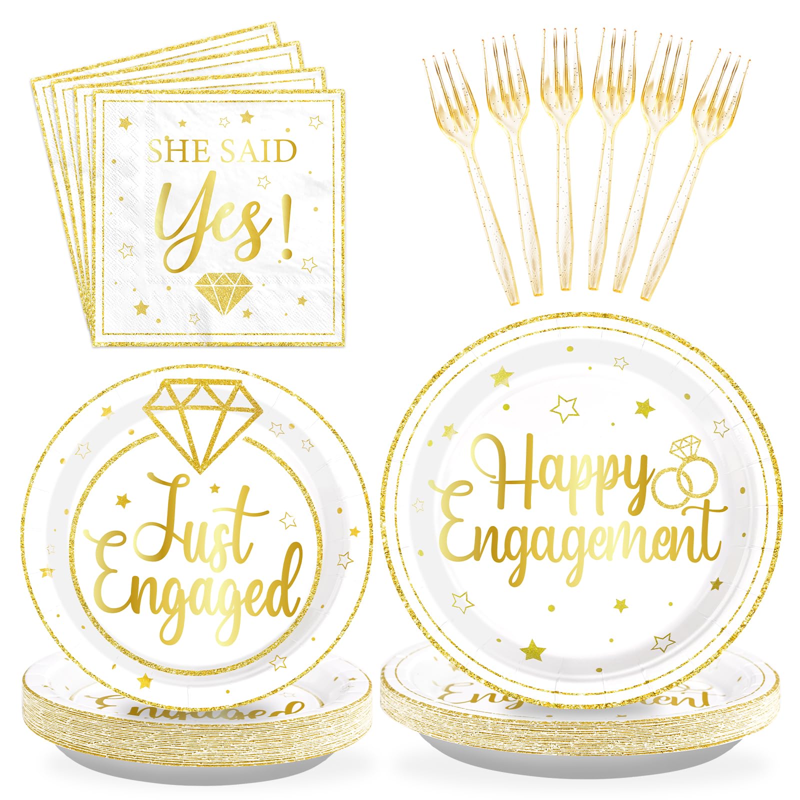 96Pcs Happy Engagement Party Supplies Just Engaged Plates and Napkins Golden Tableware Set Said Yes Engagement Decorations Favors for Wedding Bachelorette Bridal Shower Married Party Serve 24