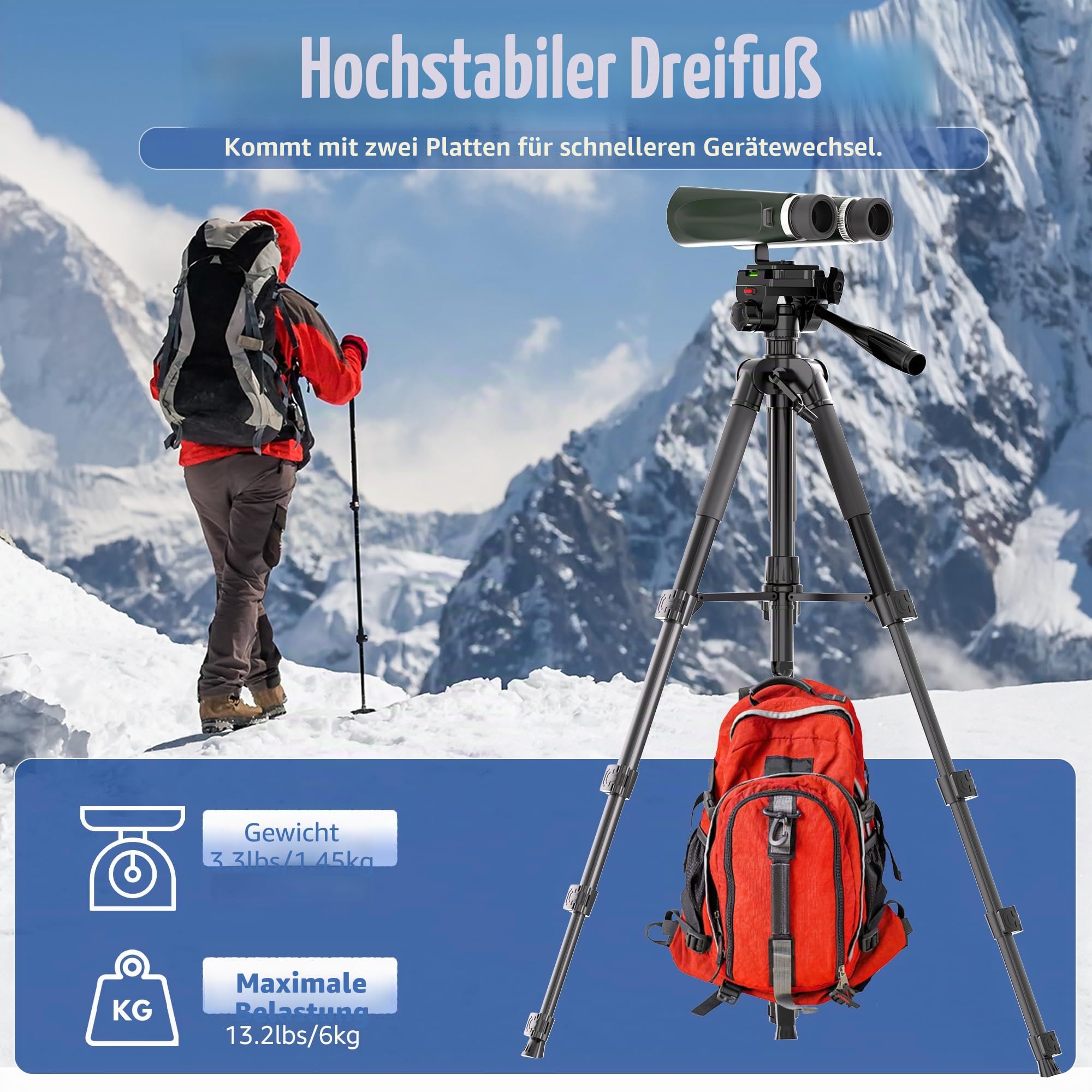Lusweimi Fernglas-Stativ, 184 cm Aluminium Spektivstativ mit Adapter, 2 Schnellwechselplatten, Handyhalterung, Kompatibel mit Ferngläsern/Spektiven/Kameras/Handys, Aluminium, Schwarz