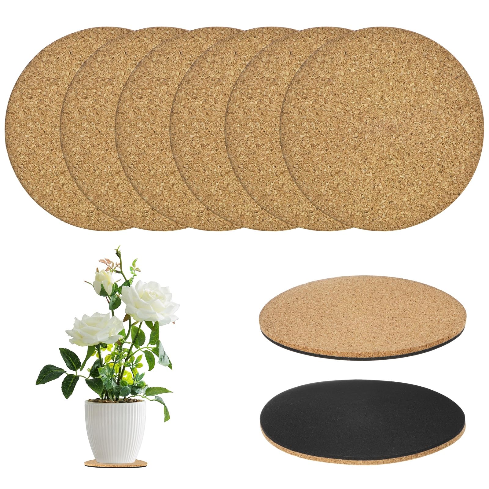 M METERXITY 3-Pack Cork Plant Coasters, 4 Inch Double Layers Hard Thick Cork Planter Coaster for Garden/Patio/Office/Kitchen/Courtyard/Indoor Outdoor/DIY Craft Project [Black, Wood Tone]
