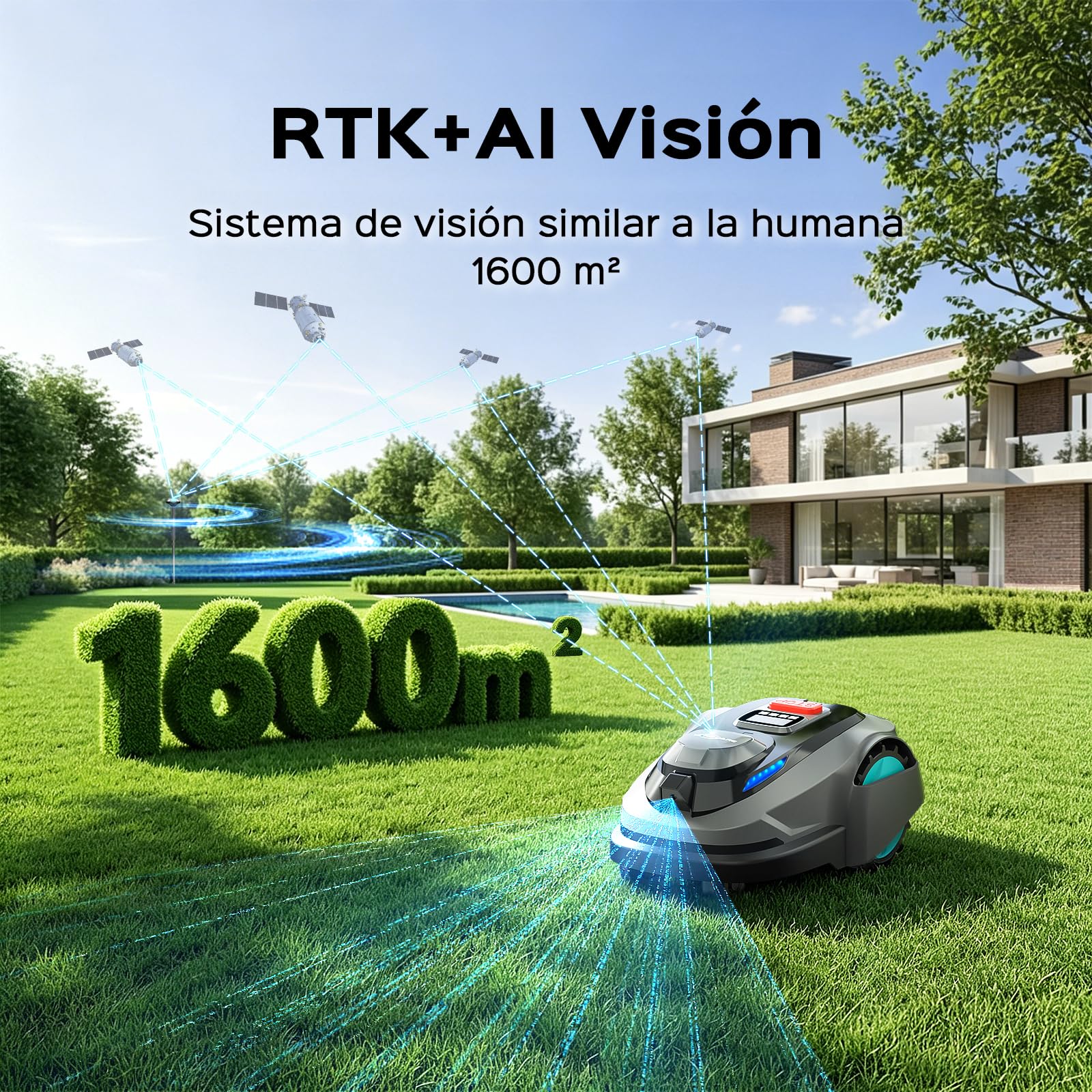 YARDCARE N1600PRO Robot cortacésped sin Cable perimetral, hasta 1600 m², navegación RTK y visión con IA, detección de más de 300 obstáculos, Recorrido en U, Gestión Zonas, Corte 20–60 mm por App