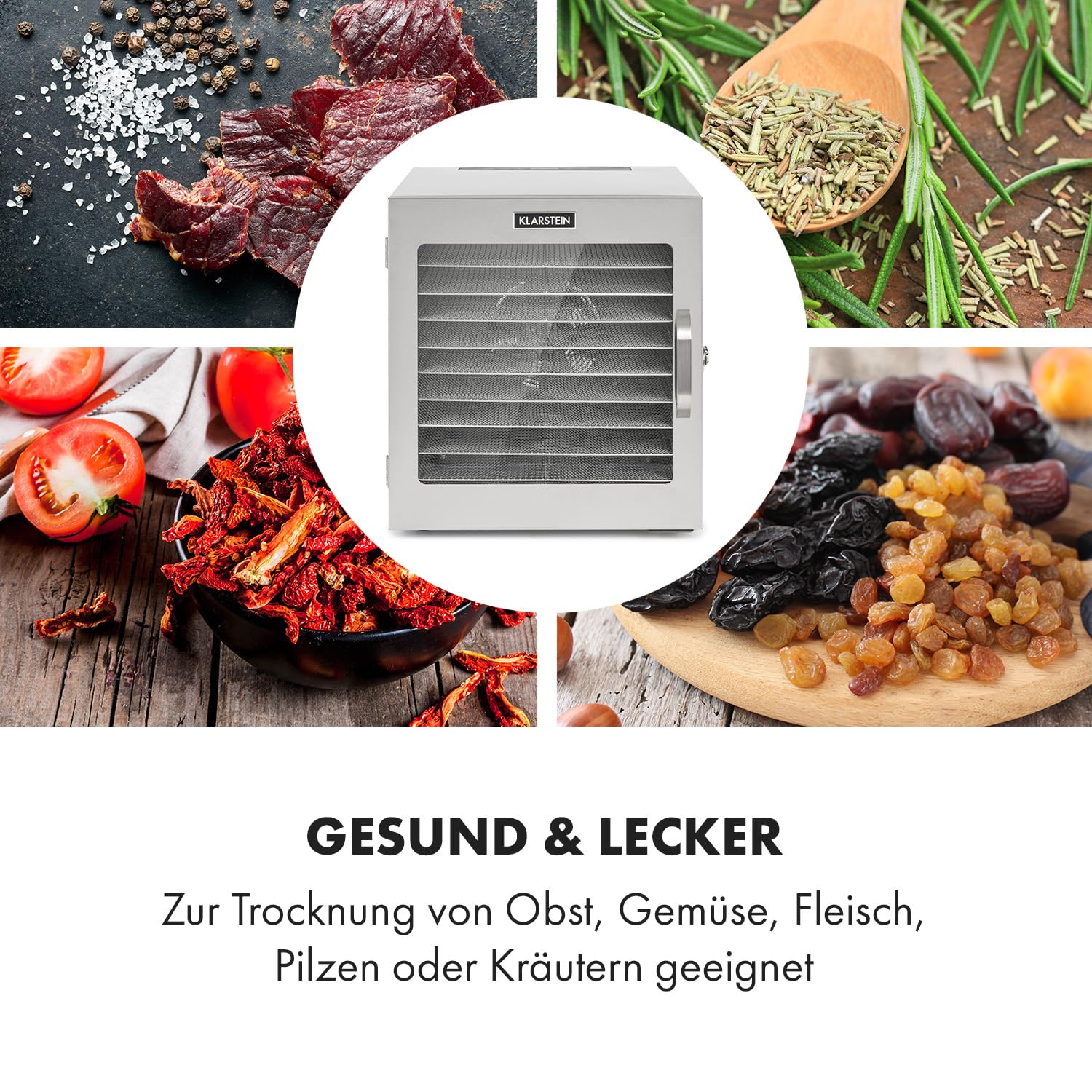 Klarstein Captain Jerky 110 Dörrautomat, 1000 W, Temperatur: 30-90 °C, 24-Stunden-Timer, BPA-frei, Touch-Bedienfeld, 10 Einschübe, Glastür, Edelstahl Dörrgerät für Obst, Gemüse, Auffangblech, silber
